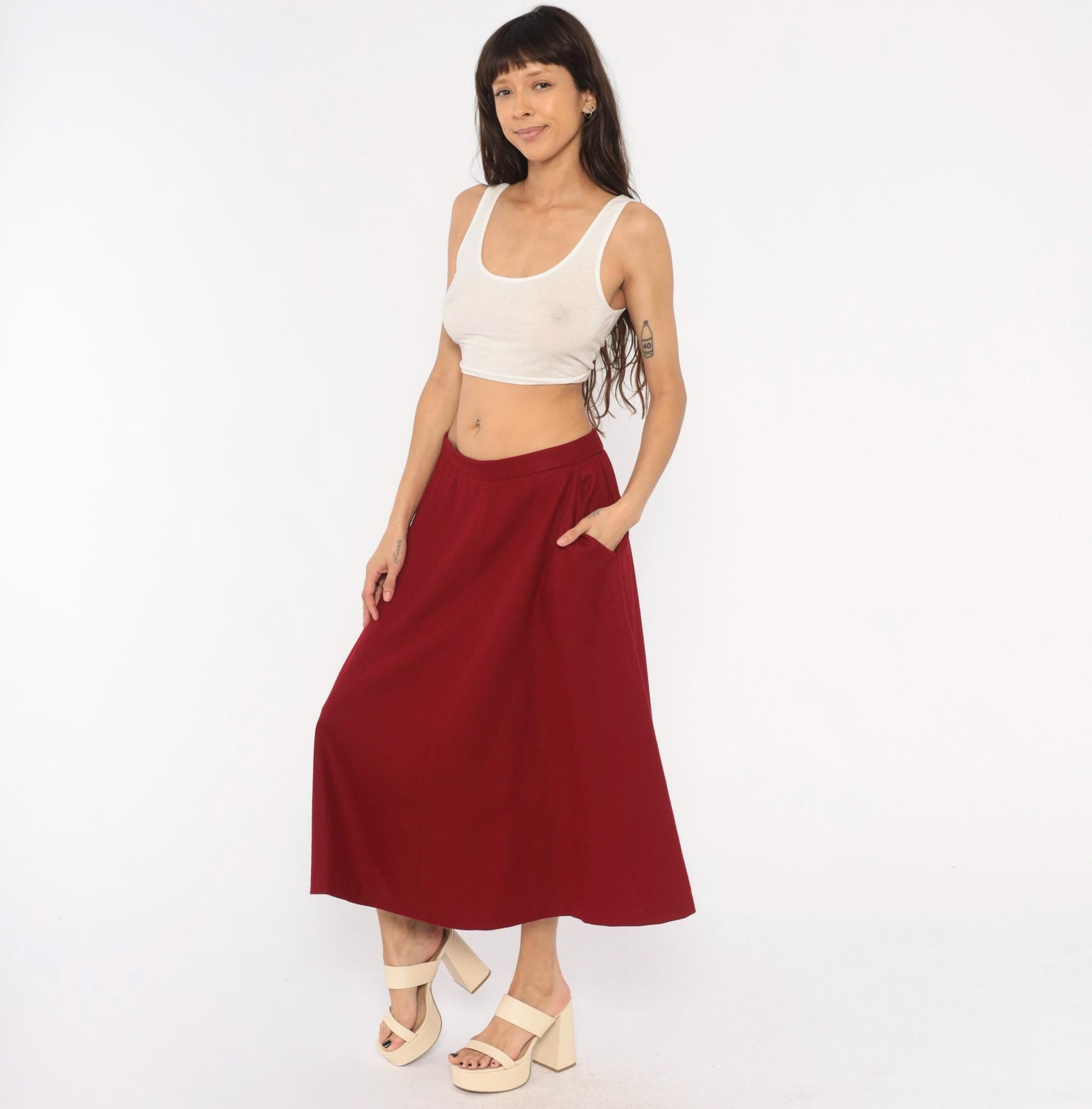 80s Koret Burgundy Wool Midi Skirt A-Line High Waist Large L