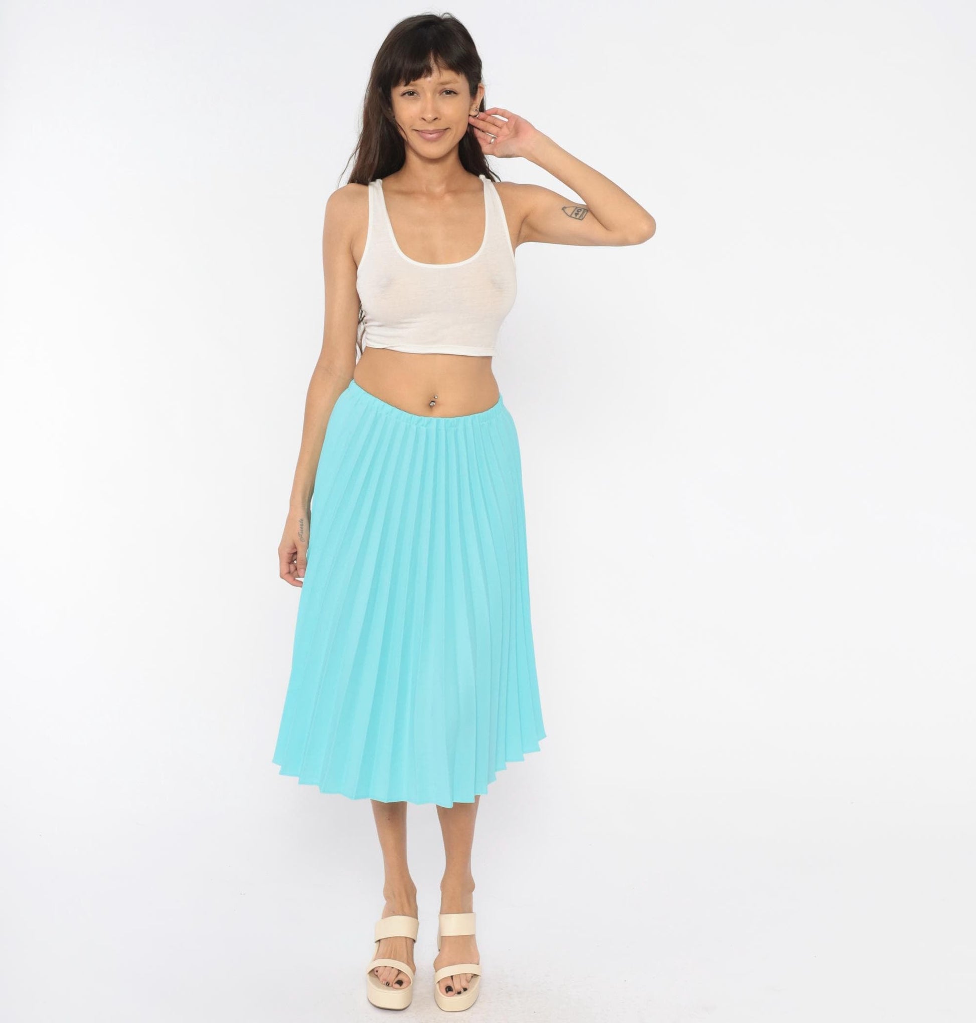 70s Aqua Pleated Midi Skirt Accordion Knife Pleat A-Line Sky Blue Small Medium