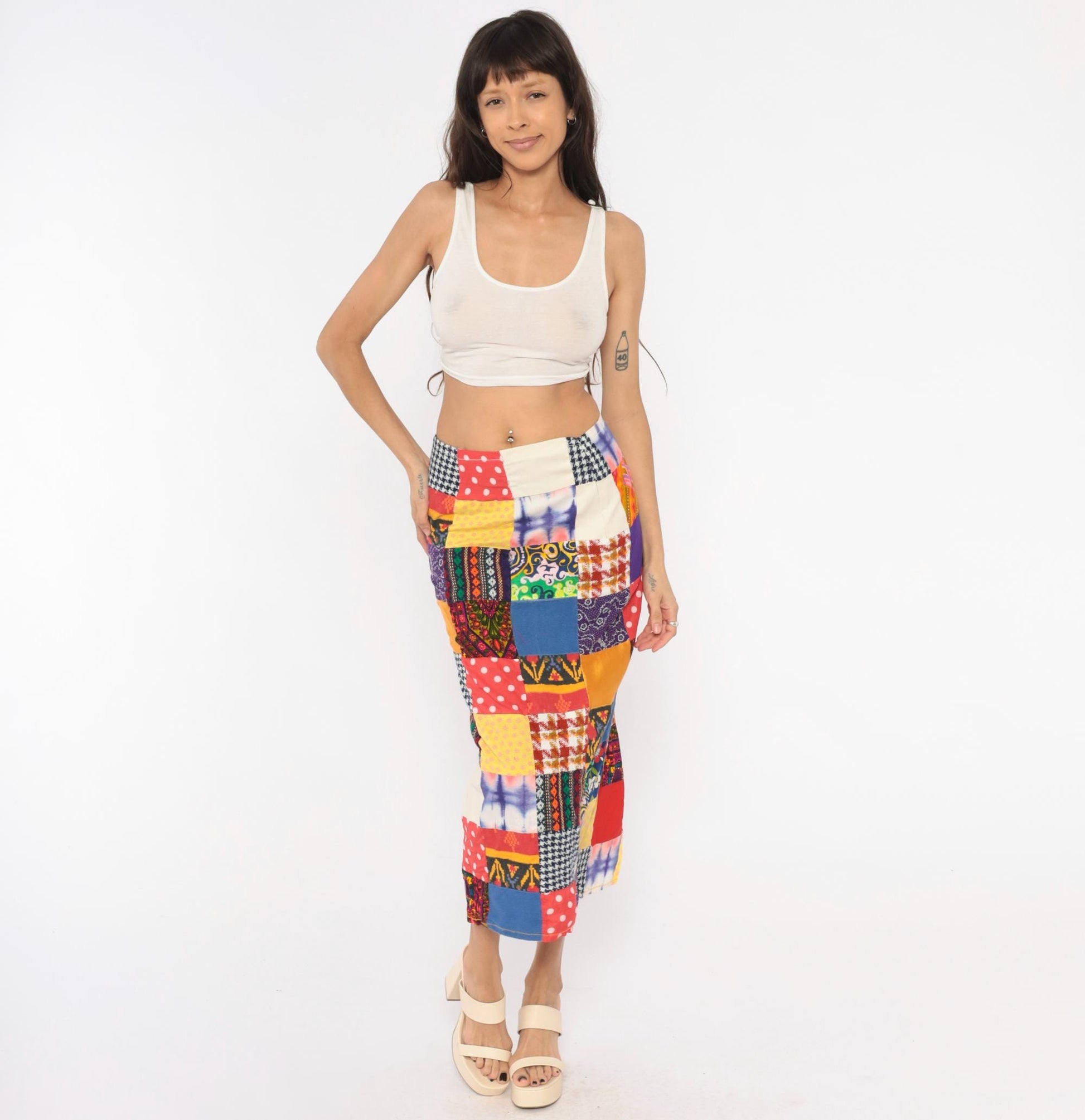 70s Patchwork Midi Skirt Quilted Multicolor High Waist Pencil Small