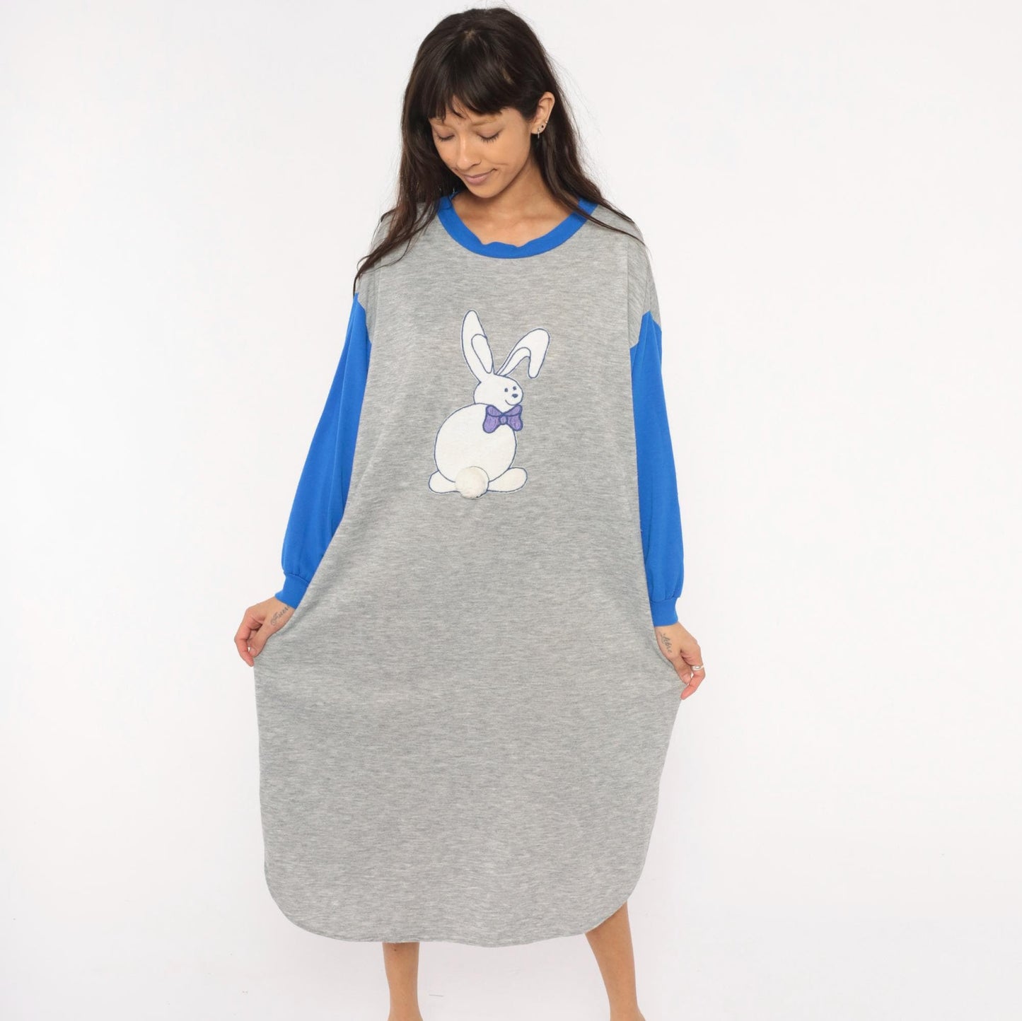 80s Kimberly Laine Bunny Applique Nightgown Grey Blue Colorblock Midi Large L