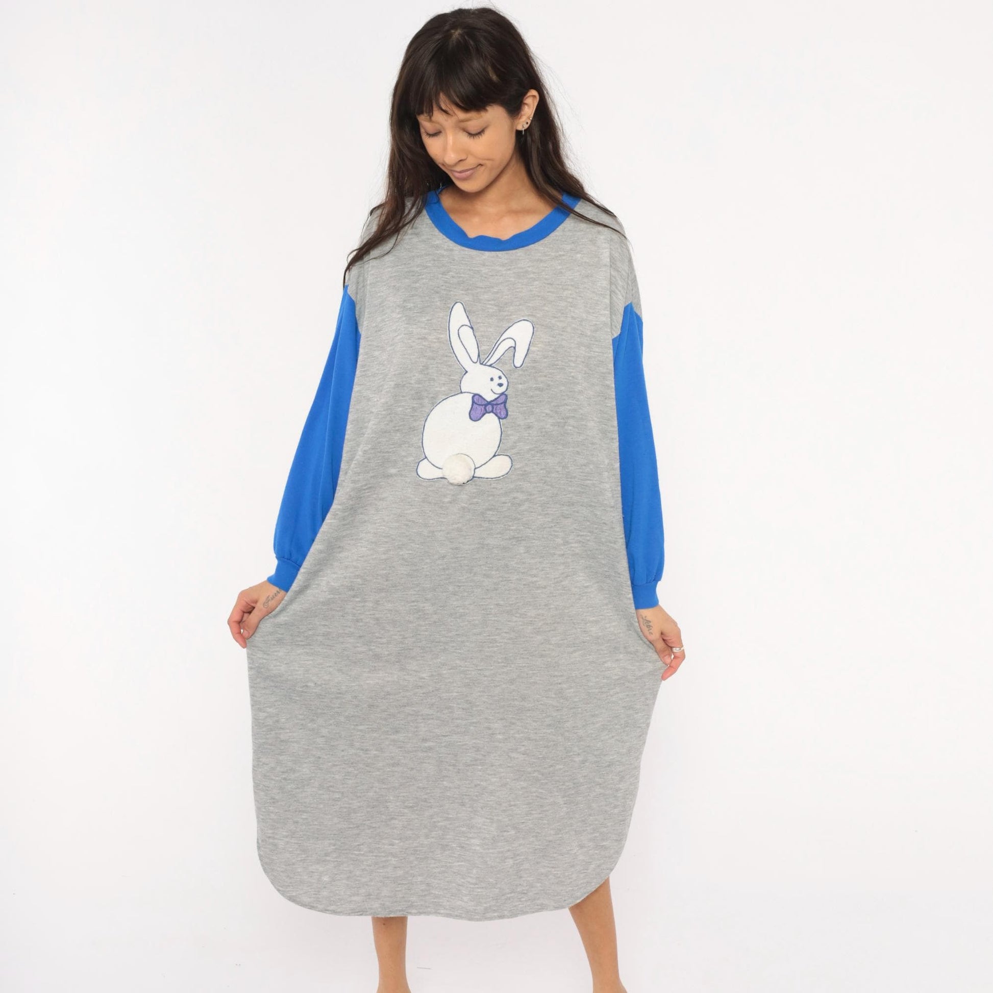 80s Kimberly Laine Bunny Applique Nightgown Grey Blue Colorblock Midi Large L