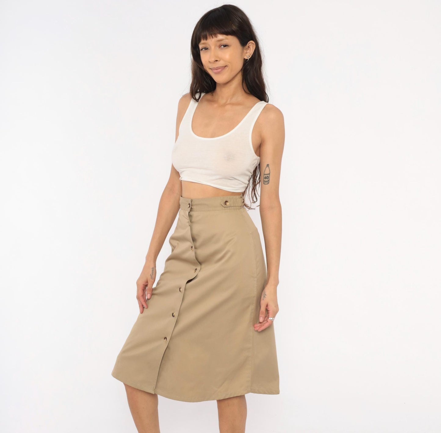 80s Bear It Khaki A-Line Midi Skirt Button Front Cotton Tan Small S