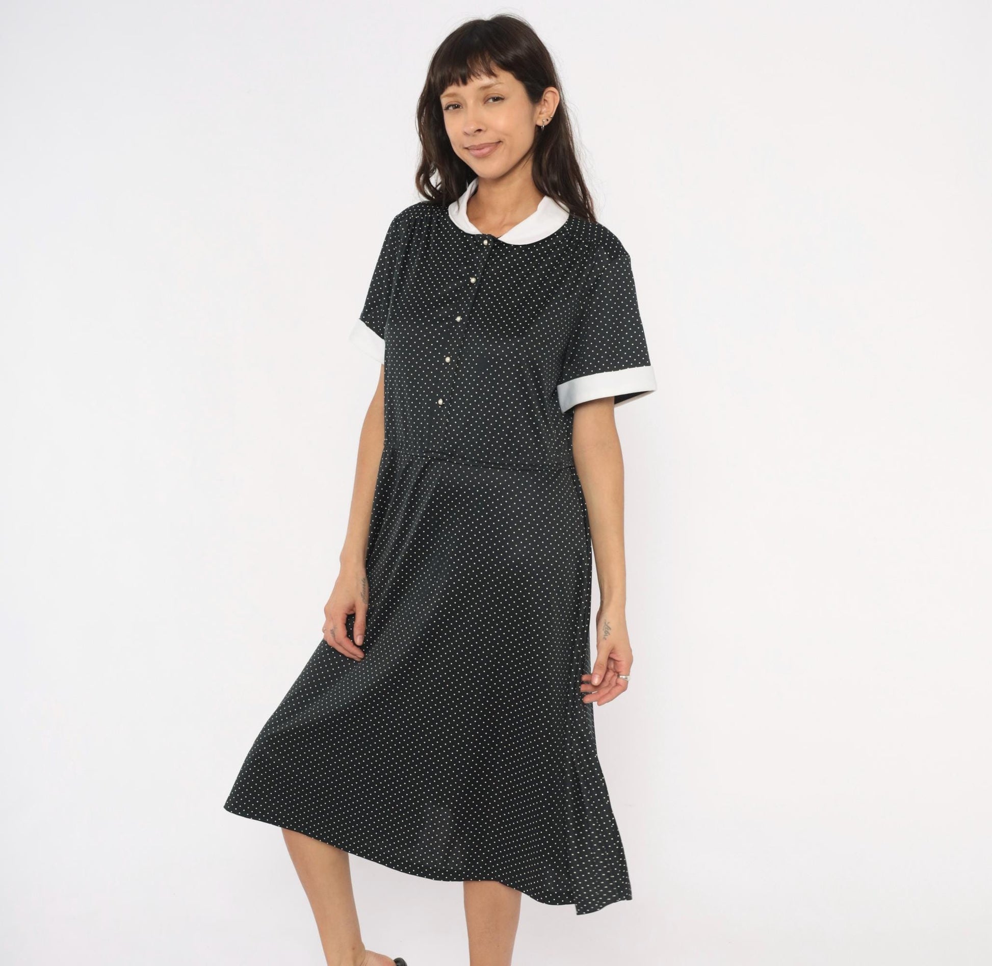 1970s Black White Polka Dot Peter Pan Collar Midi Dress Plus Size XL