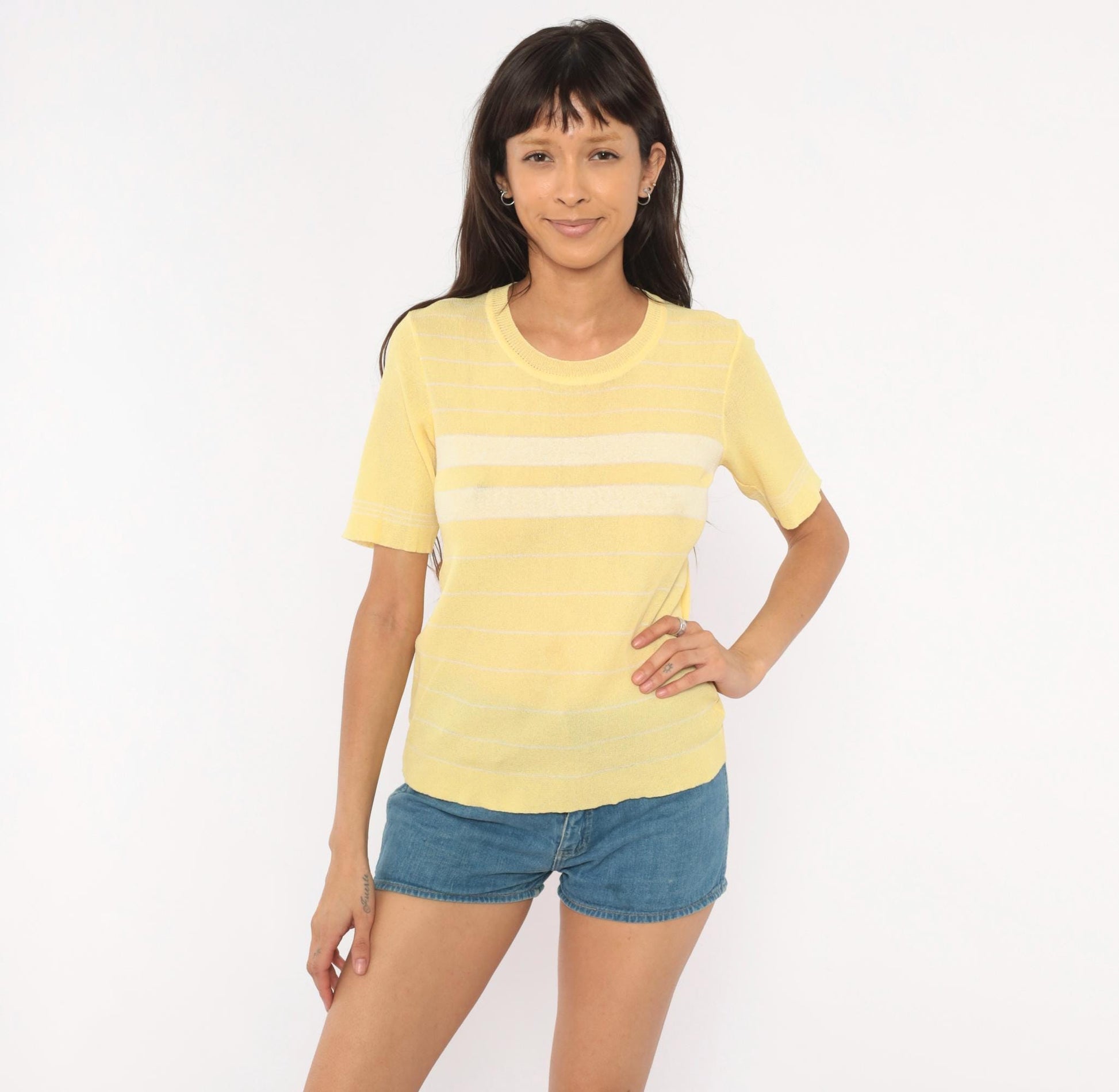70s Ronfinne Striped Knit Top Yellow White Crew Neck Short Sleeve Small Medium