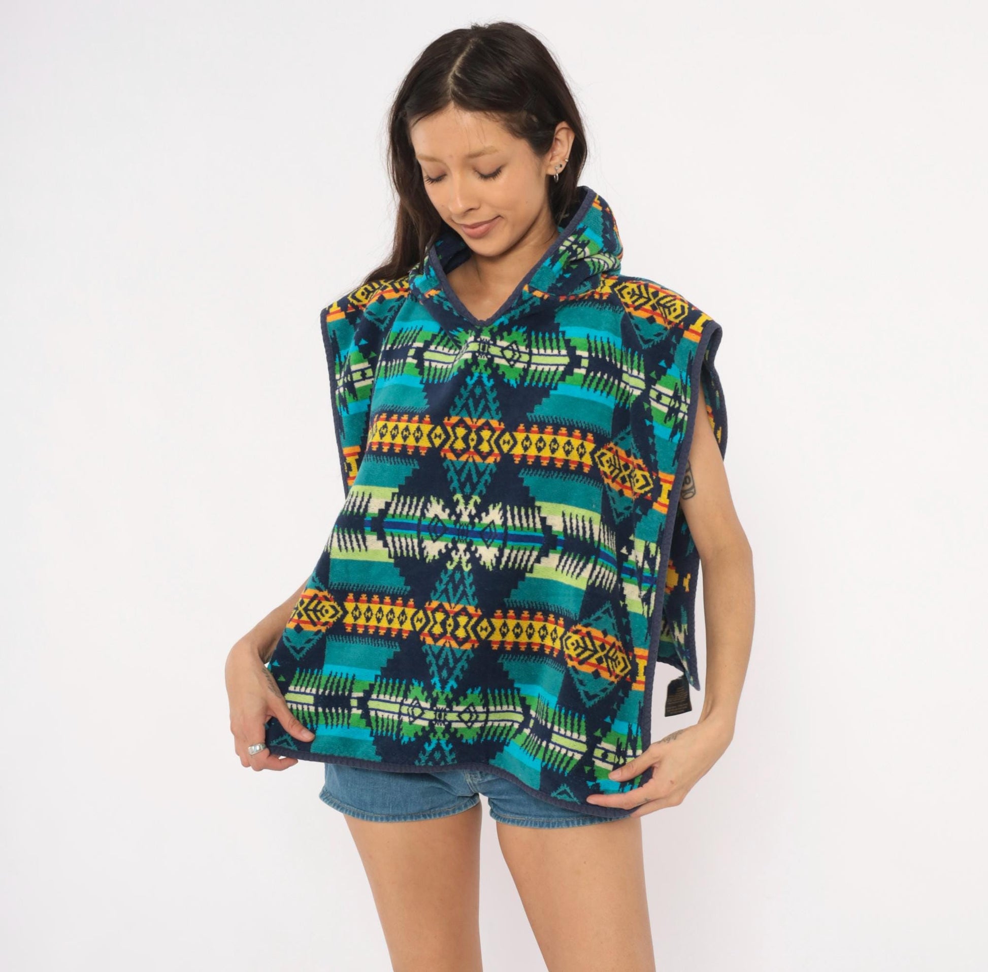 90s Pendleton Hooded Poncho Southwestern Geometric Print Cotton Small Medium