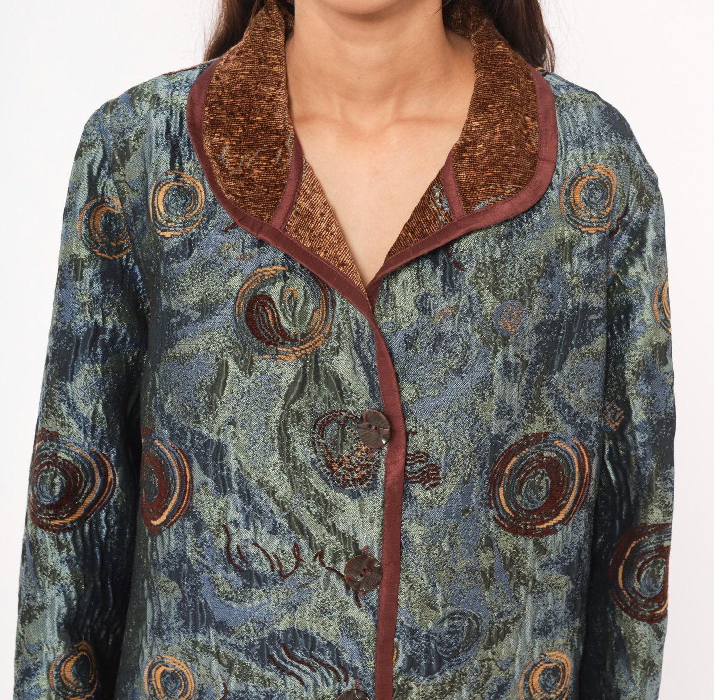 2000s Yak Magik Tapestry Blazer Woven Spiral Jacquard Blue Green Brown Extra Large XXL
