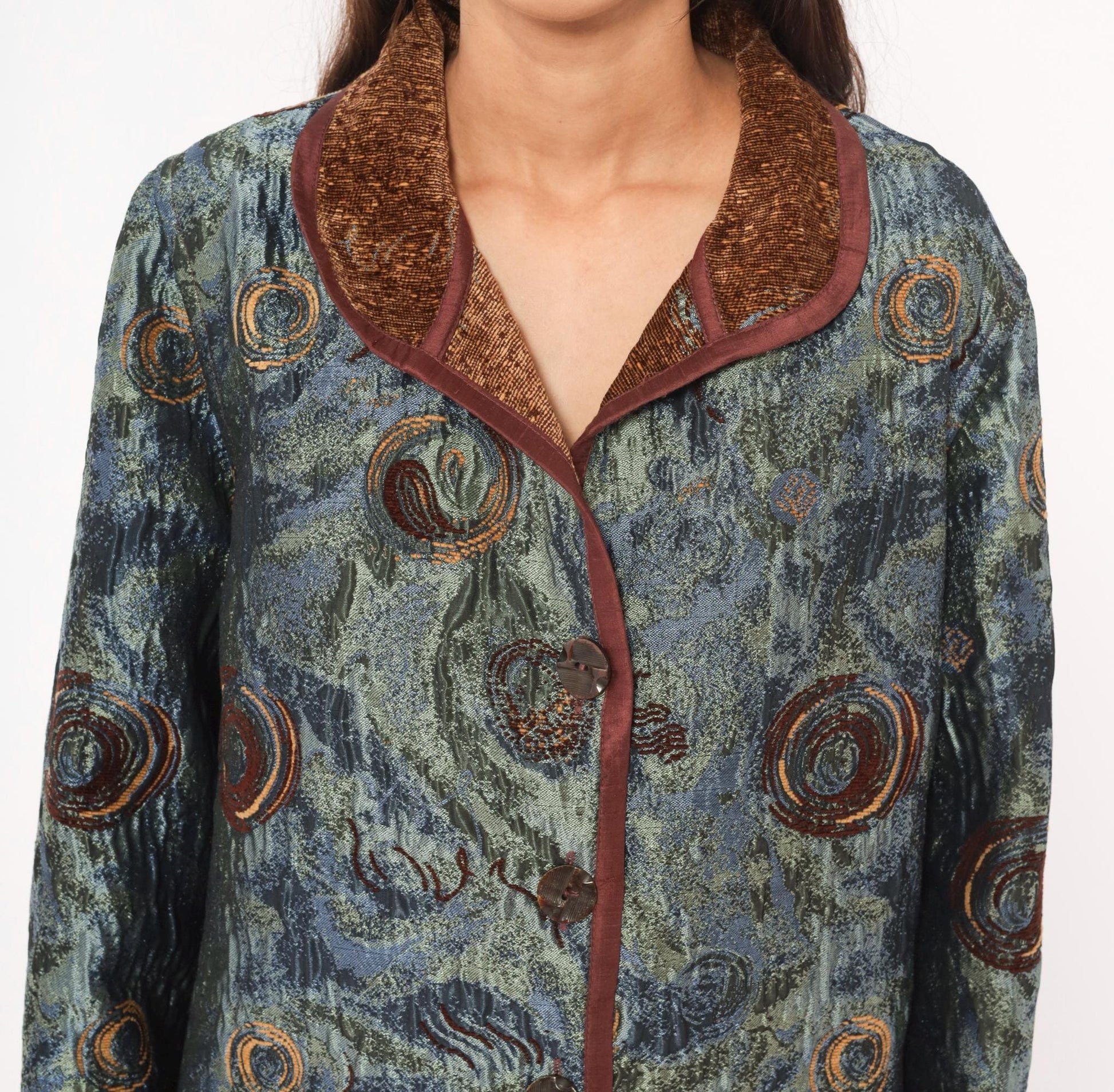 2000s Yak Magik Tapestry Blazer Woven Spiral Jacquard Blue Green Brown Extra Large XXL