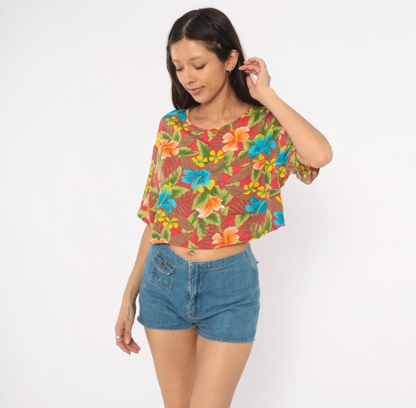 90s California Krush Tropical Hibiscus Crop Top Red Blue Green Medium M
