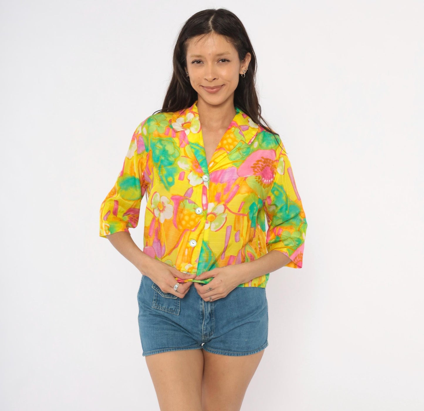 70s Alice Watercolor Floral Button Blouse Yellow Pink Green Small Medium