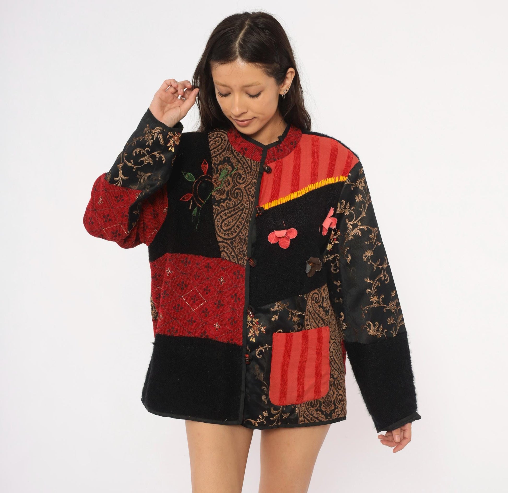2000s Julia Kin Patchwork Embroidered Jacket Black Red Mandarin Collar Extra Large XL