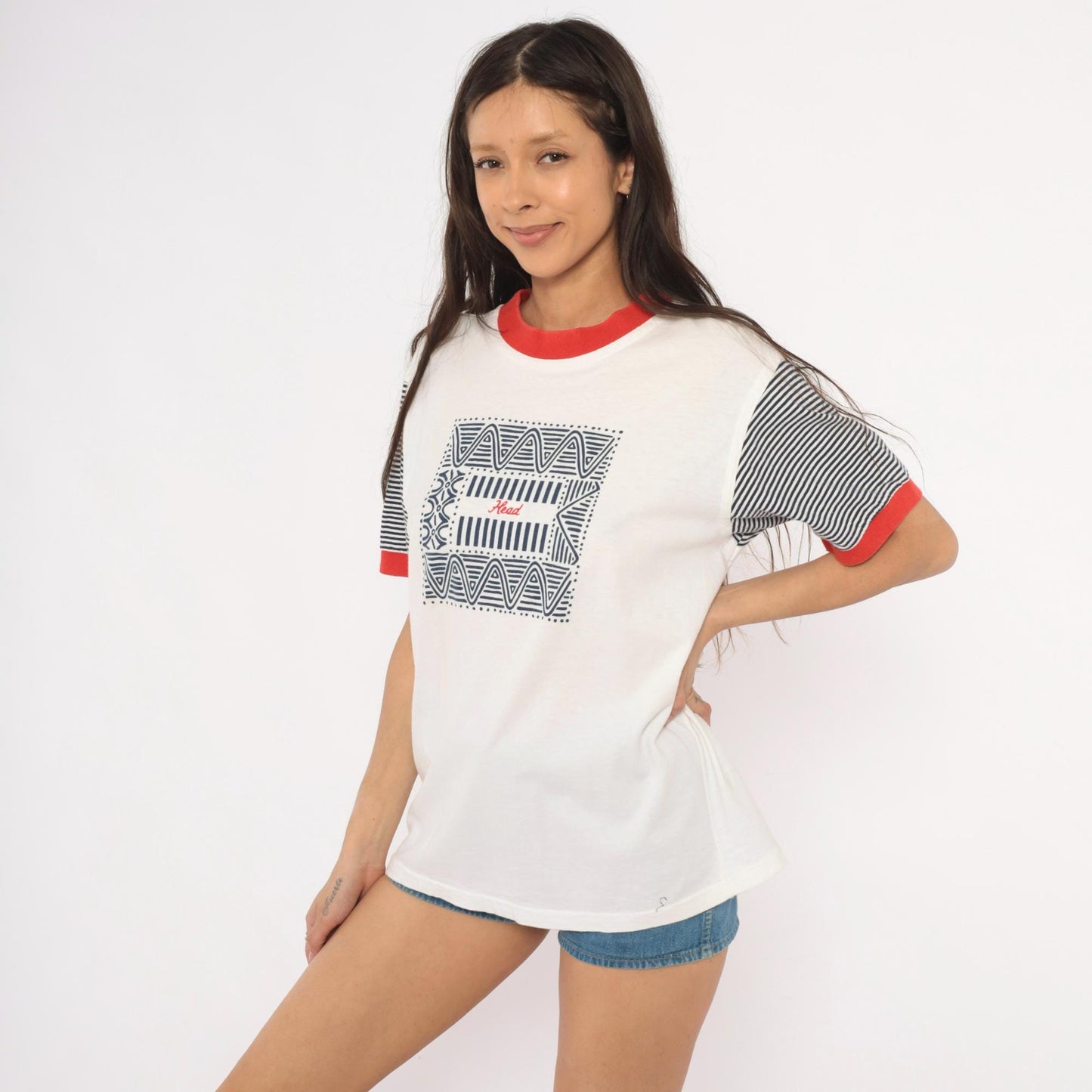 90s Head Sportswear Ringer Tee Geometric Print White Navy Red Striped Large L