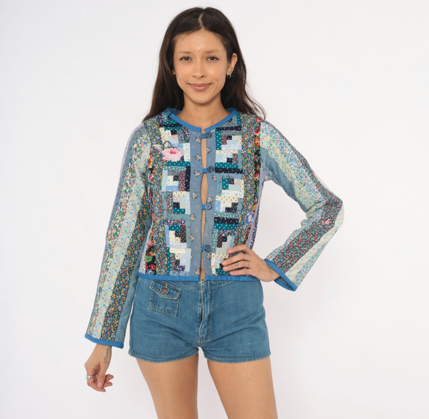 90s Calico Patchwork Quilted Jacket Log Cabin Floral Cotton Blue Navy Extra Small XS