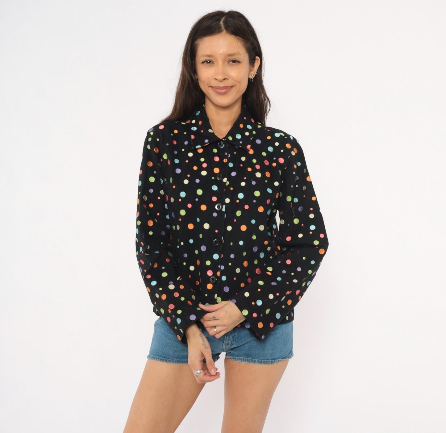 2000s Carrie Allen Polka Dot Cotton Jacket Black Multicolor Button Front Cropped Extra Large