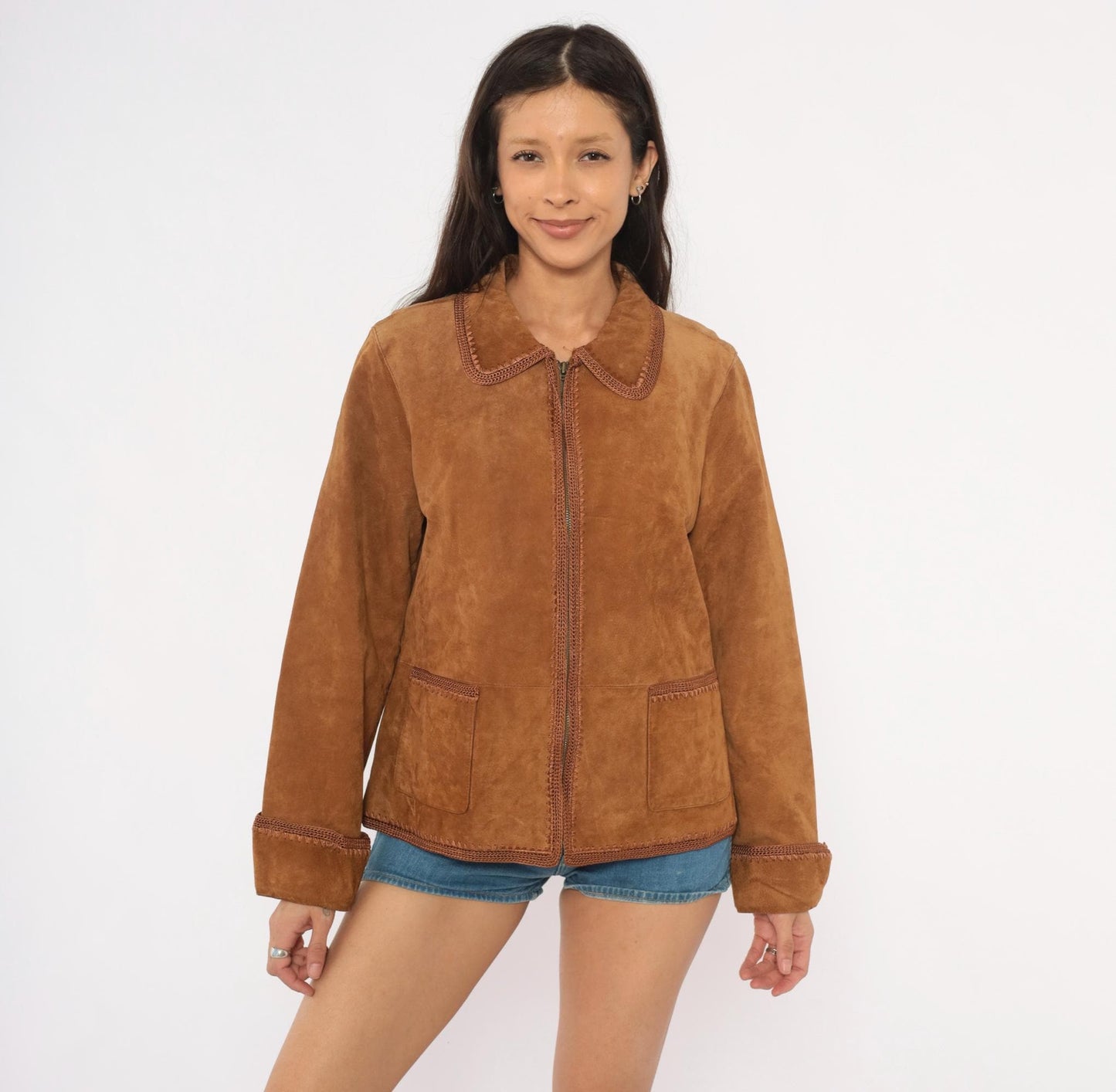 2000s Christopher & Banks Suede Jacket Brown Crochet Trim Zip Collared Large L