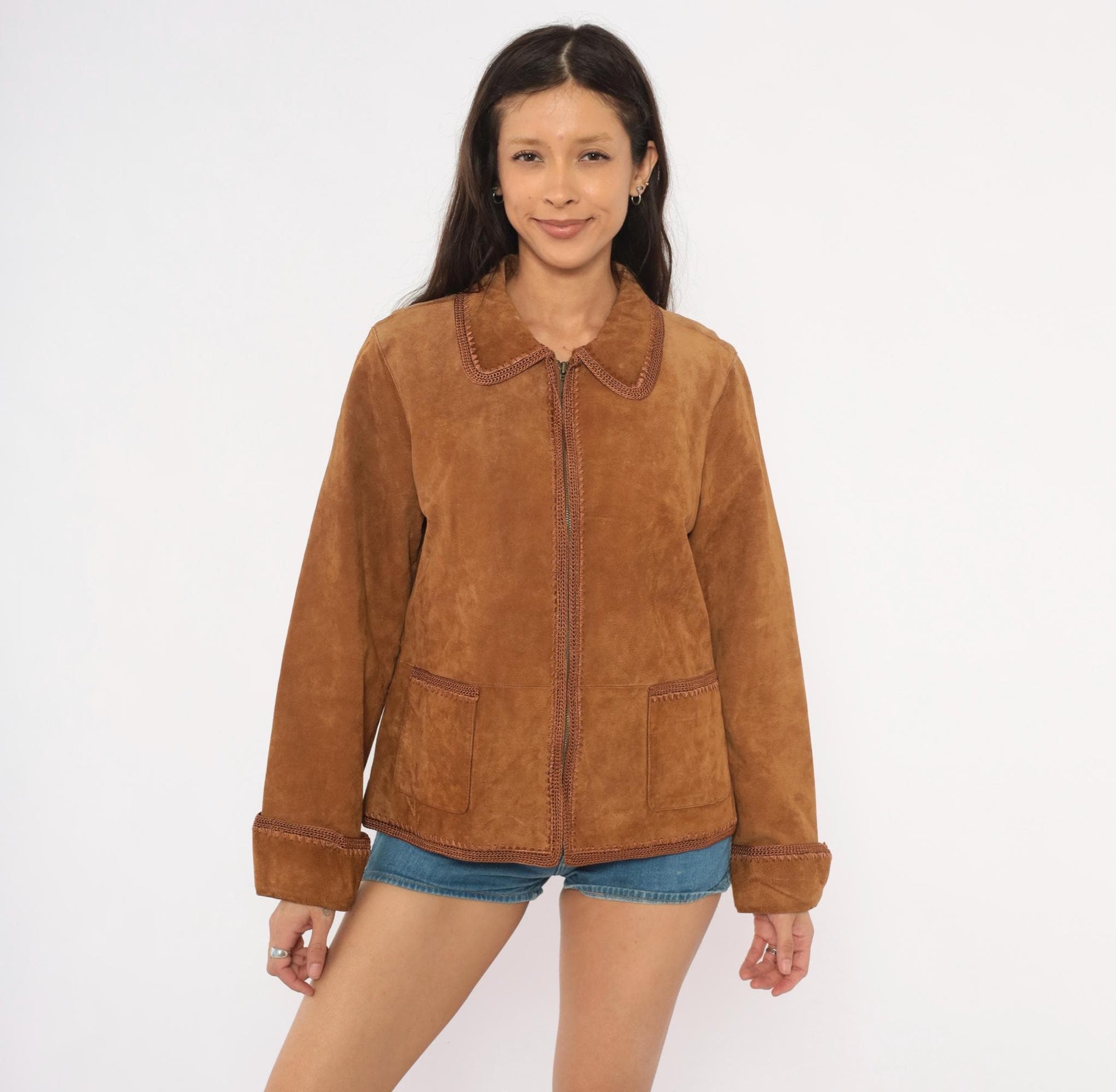 2000s Christopher & Banks Suede Jacket Brown Crochet Trim Zip Collared Large L