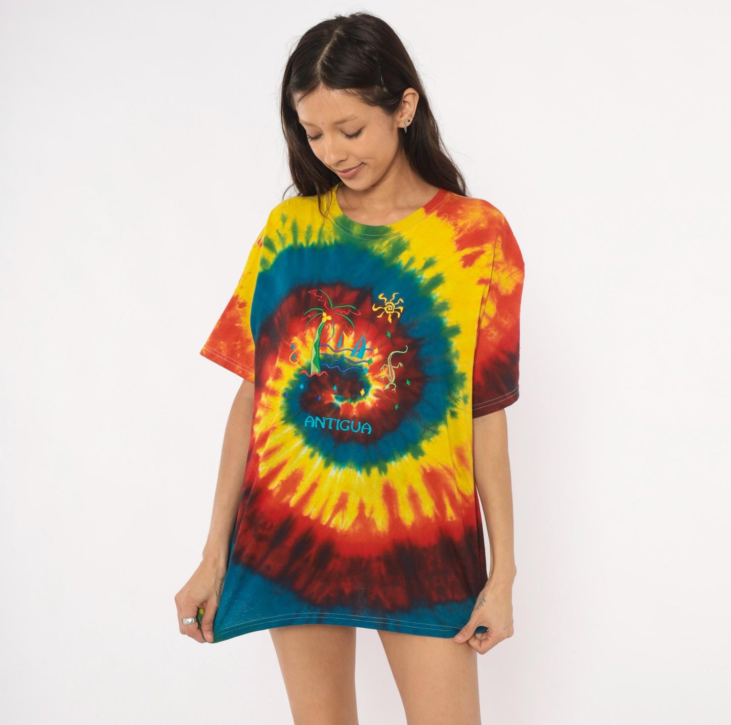 2000s Anvil Tie Dye Antigua Embroidered Tropical Tee Large L