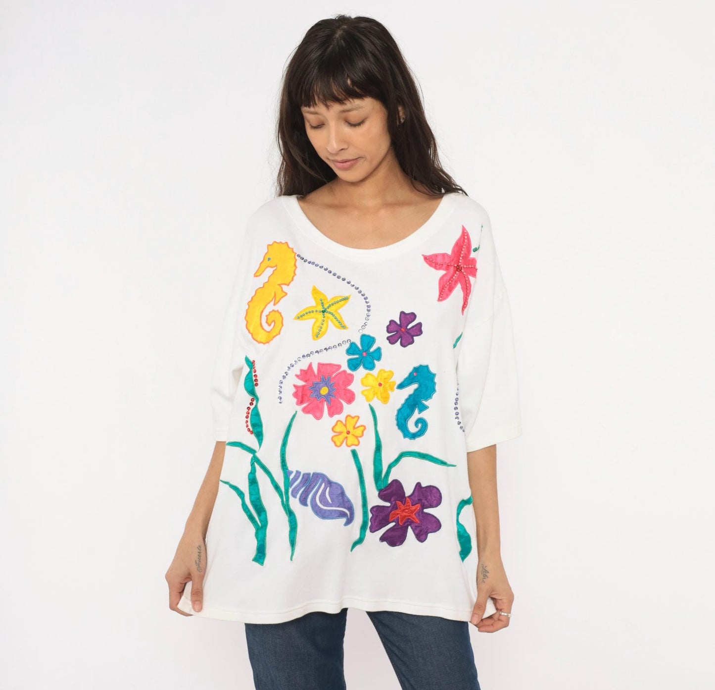 90s Extra-Touch Ocean Appliqué Tee Seahorse Starfish Rhinestone White XL