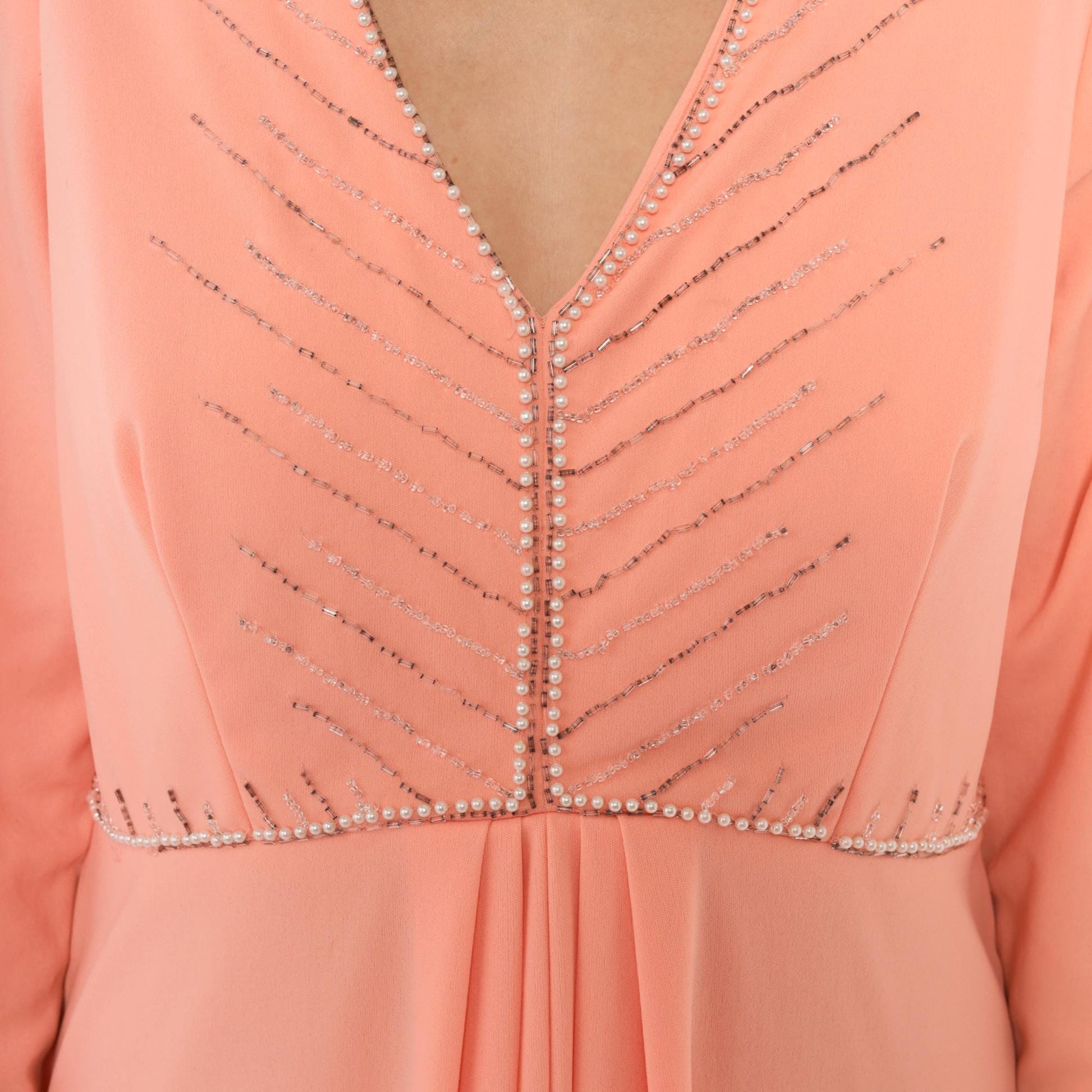 70s Peach Maxi Dress Empire Waist V Neck Beaded Chevron Rhinestone Extra Large