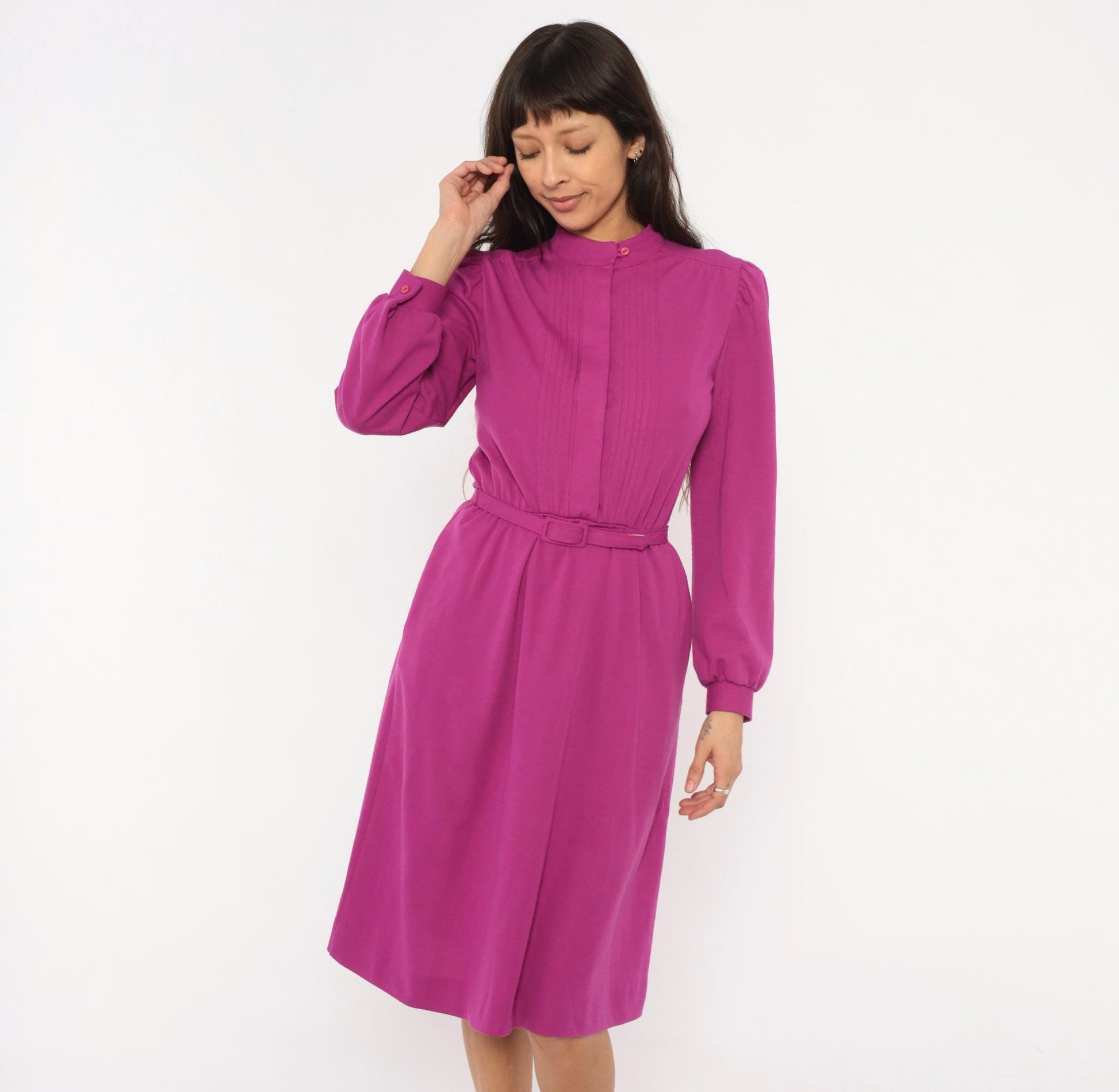 80s JcPenney Magenta Pintuck Dress Puff Sleeve Belted Knee-Length Small