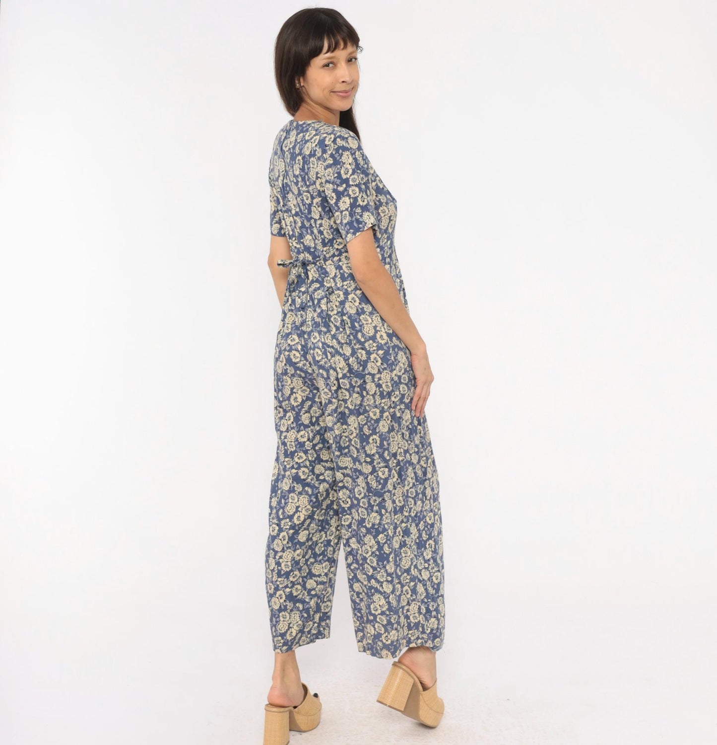 90s Jeffrey & Dara Floral Jumpsuit Cobalt Blue Wide Leg Wrap V Neck Medium M