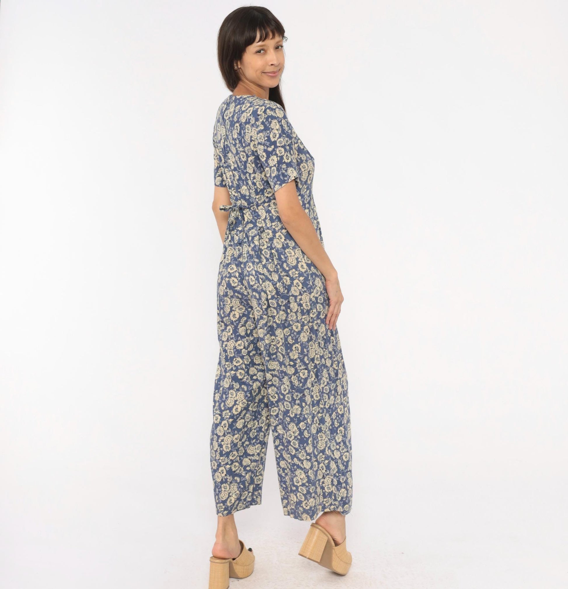 90s Jeffrey & Dara Floral Jumpsuit Cobalt Blue Wide Leg Wrap V Neck Medium M