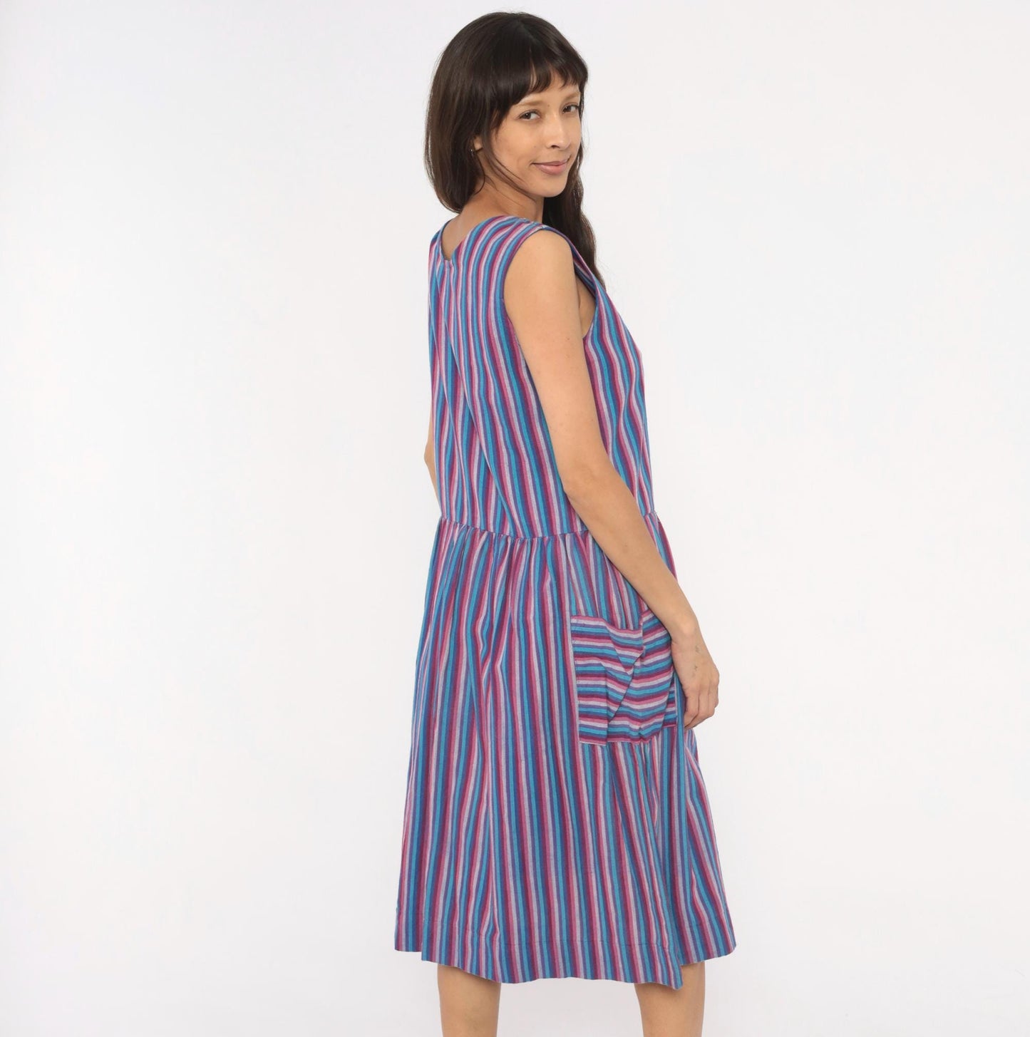90s Quetzal Striped Cotton Midi Sundress Purple Cobalt Scoop Neck Small