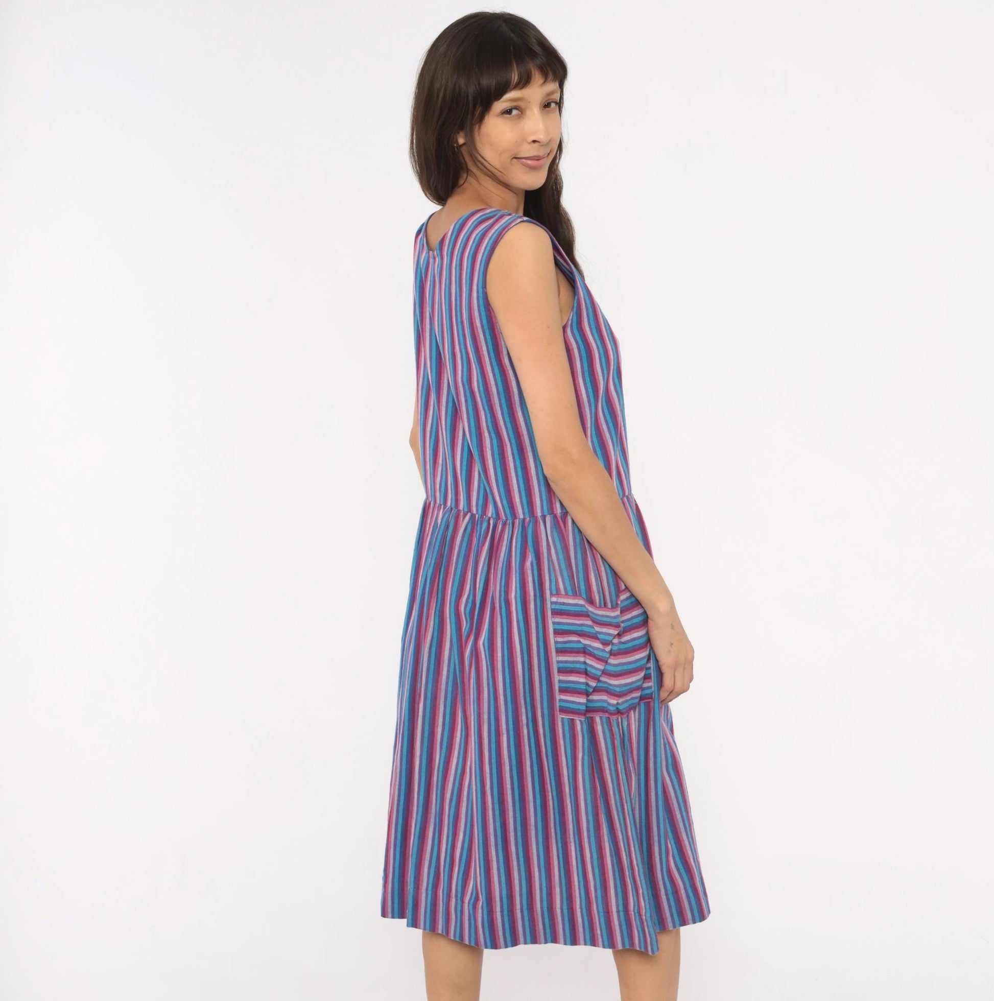 90s Quetzal Striped Cotton Midi Sundress Purple Cobalt Scoop Neck Small