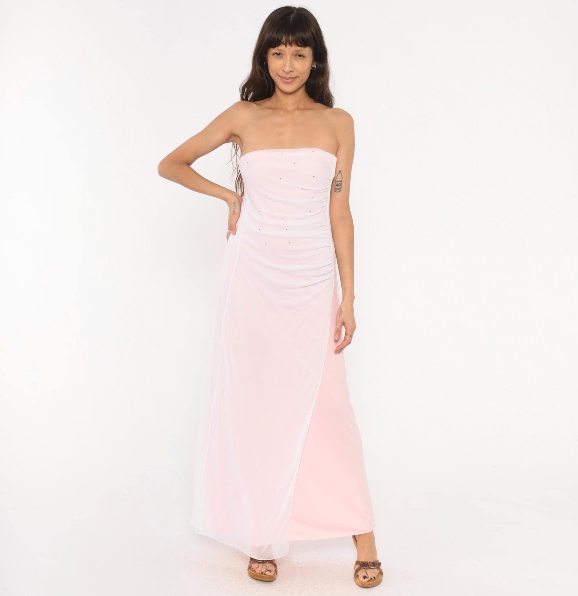 Y2K Baby Pink Strapless Maxi Gown Rhinestone Sweetheart Neckline Large L
