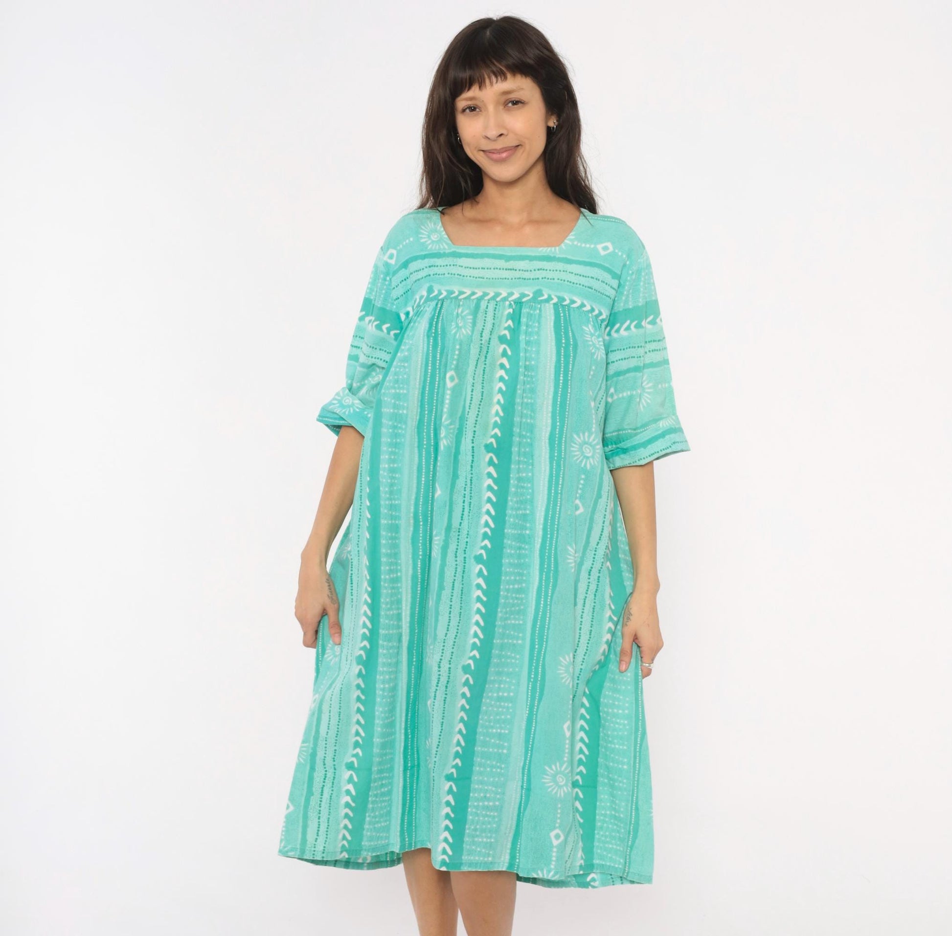 80s Styled By Saybury Teal Block Print Cotton Muumuu Midi Dress Plus Size 1X