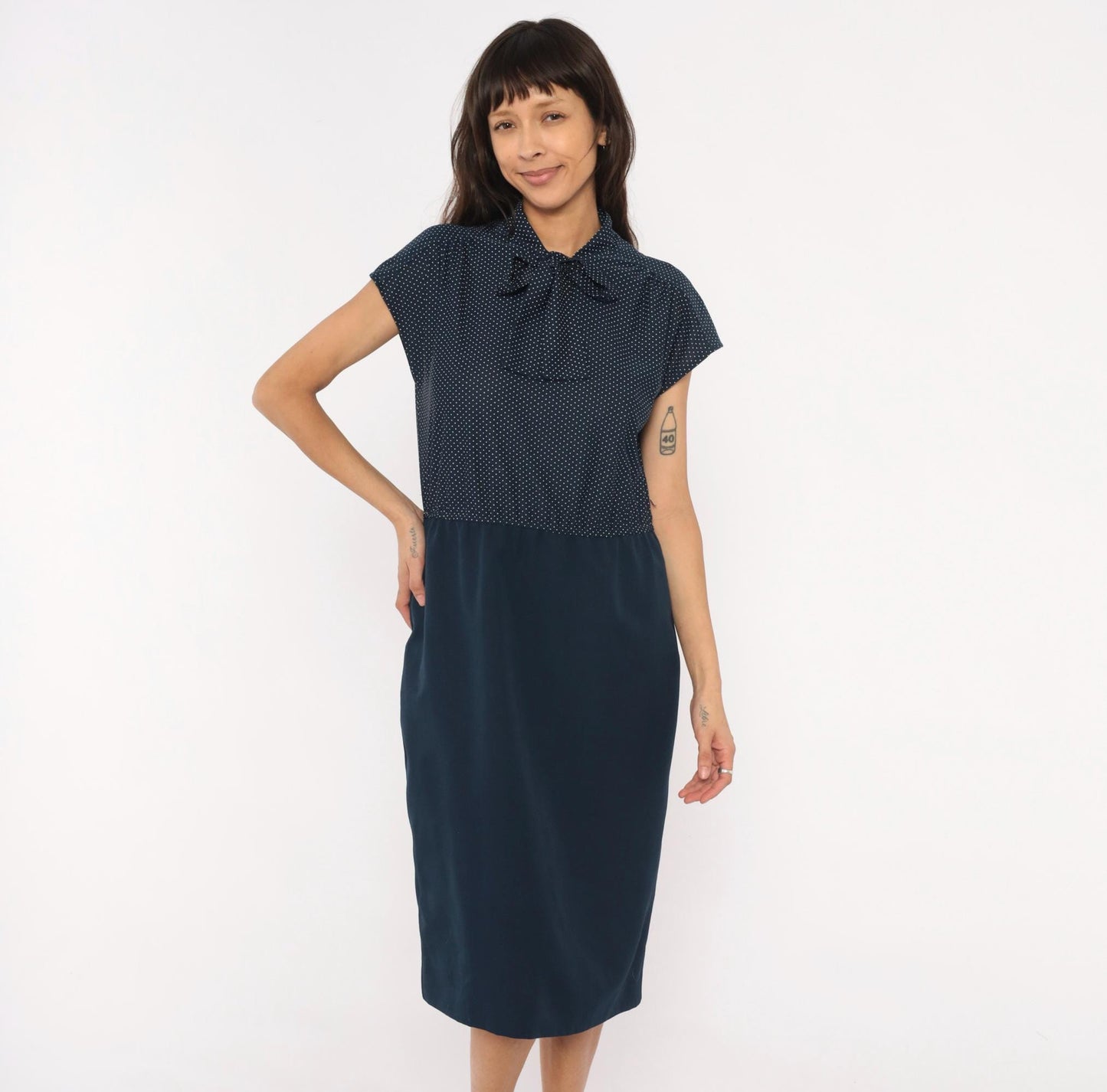 70s Navy White Polka Dot Bow Neck Dress Cap Sleeve Knee-Length Medium