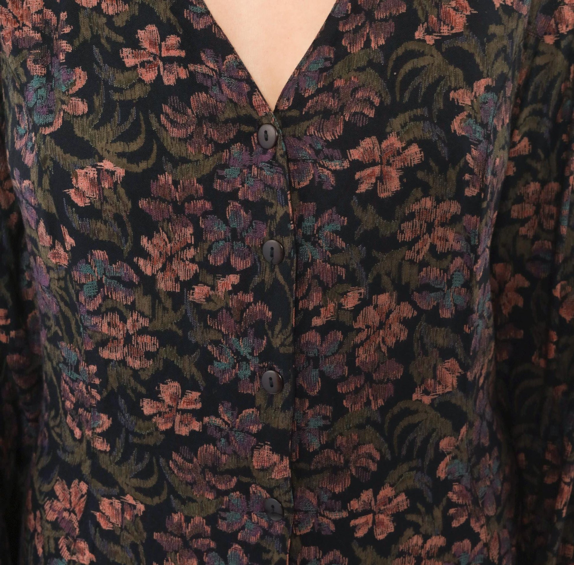 90s Dark Floral Midi Dress V-Neck Button Front Long Sleeve Black Large L