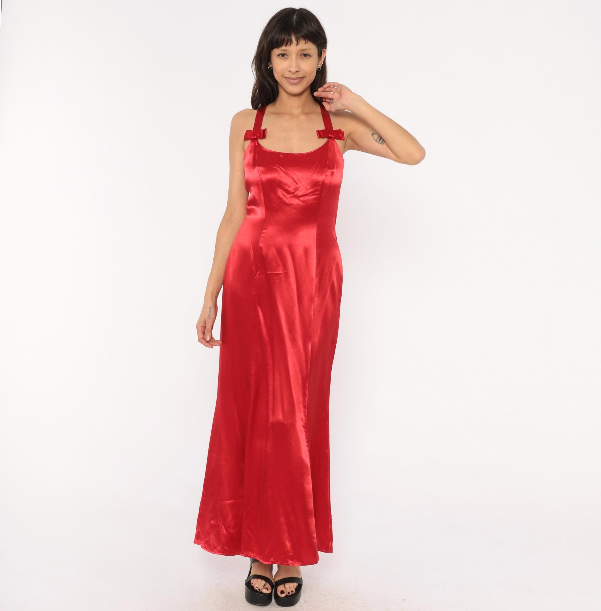 90s Be Smart Red Satin Maxi Slip Dress Bow Strap Crossback Small S