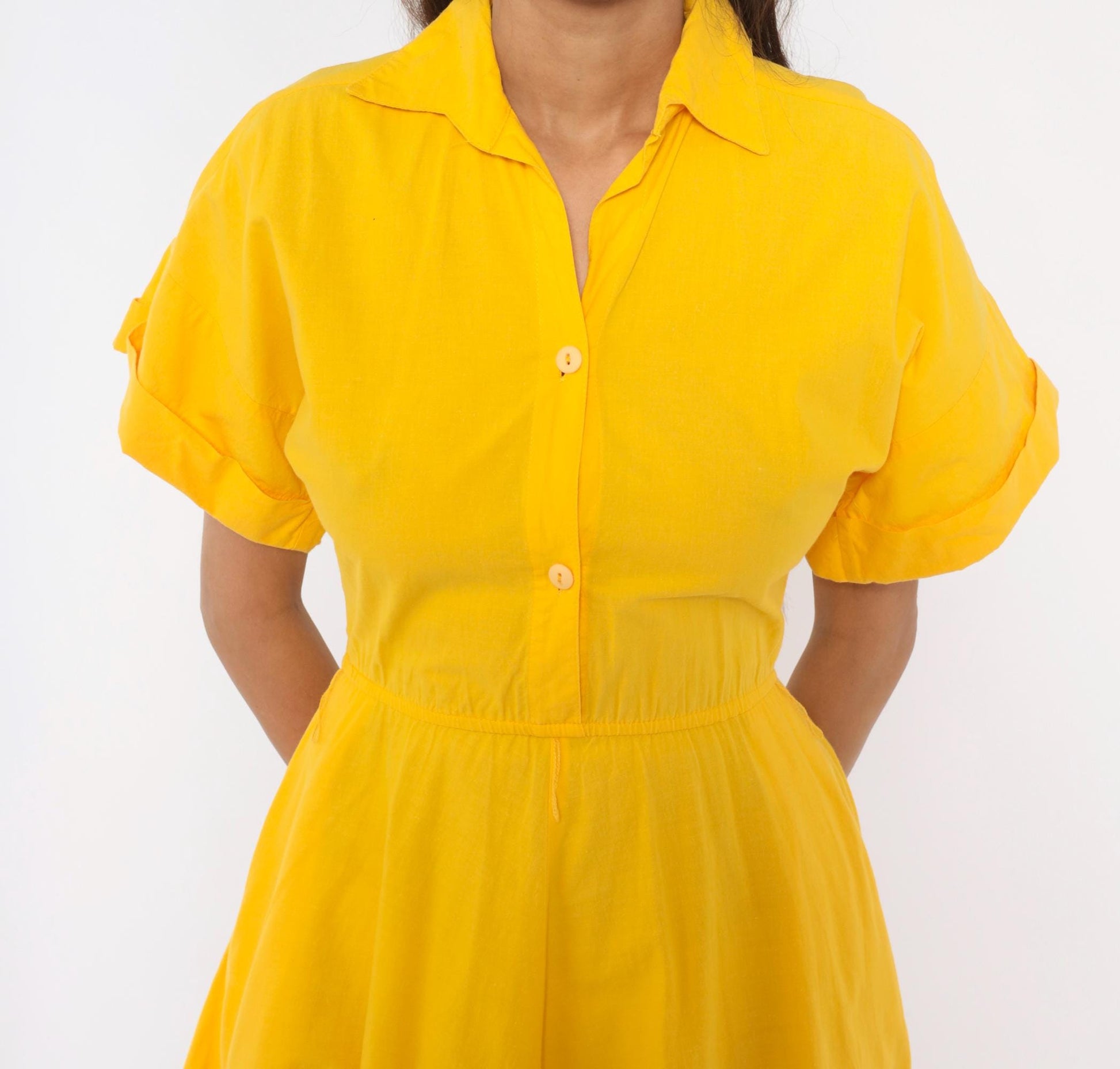 80s Laine Yellow Cotton Shirtdress Midi Collar Pockets Extra Small XS