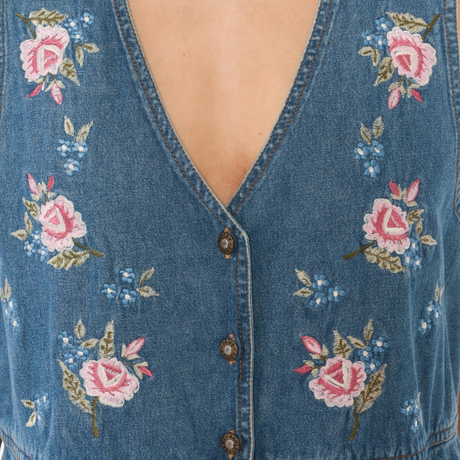 90s Casual Corner Denim Maxi Dress Floral Embroidered V-Neck Button Front Large