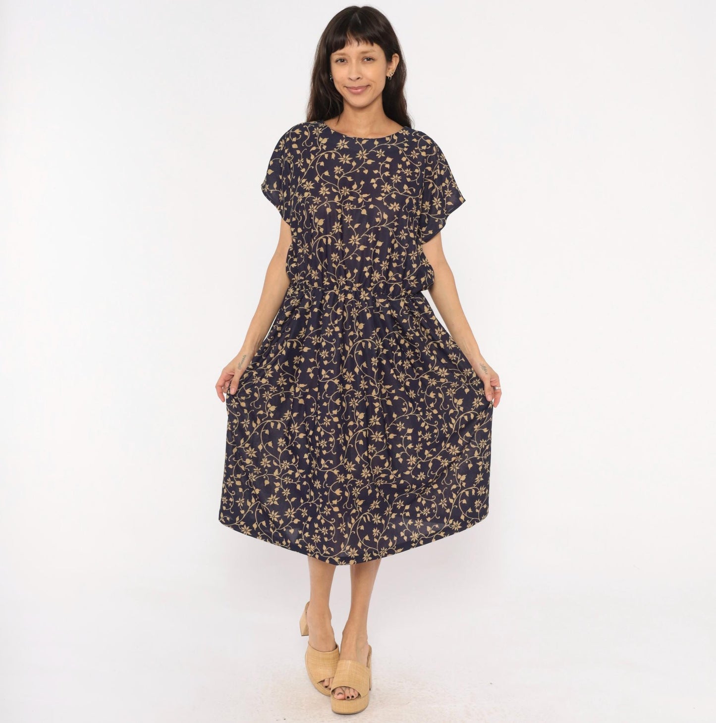 80s Navy Tan Floral Vine Midi Dress Gathered Waist Keyhole Back Extra Large