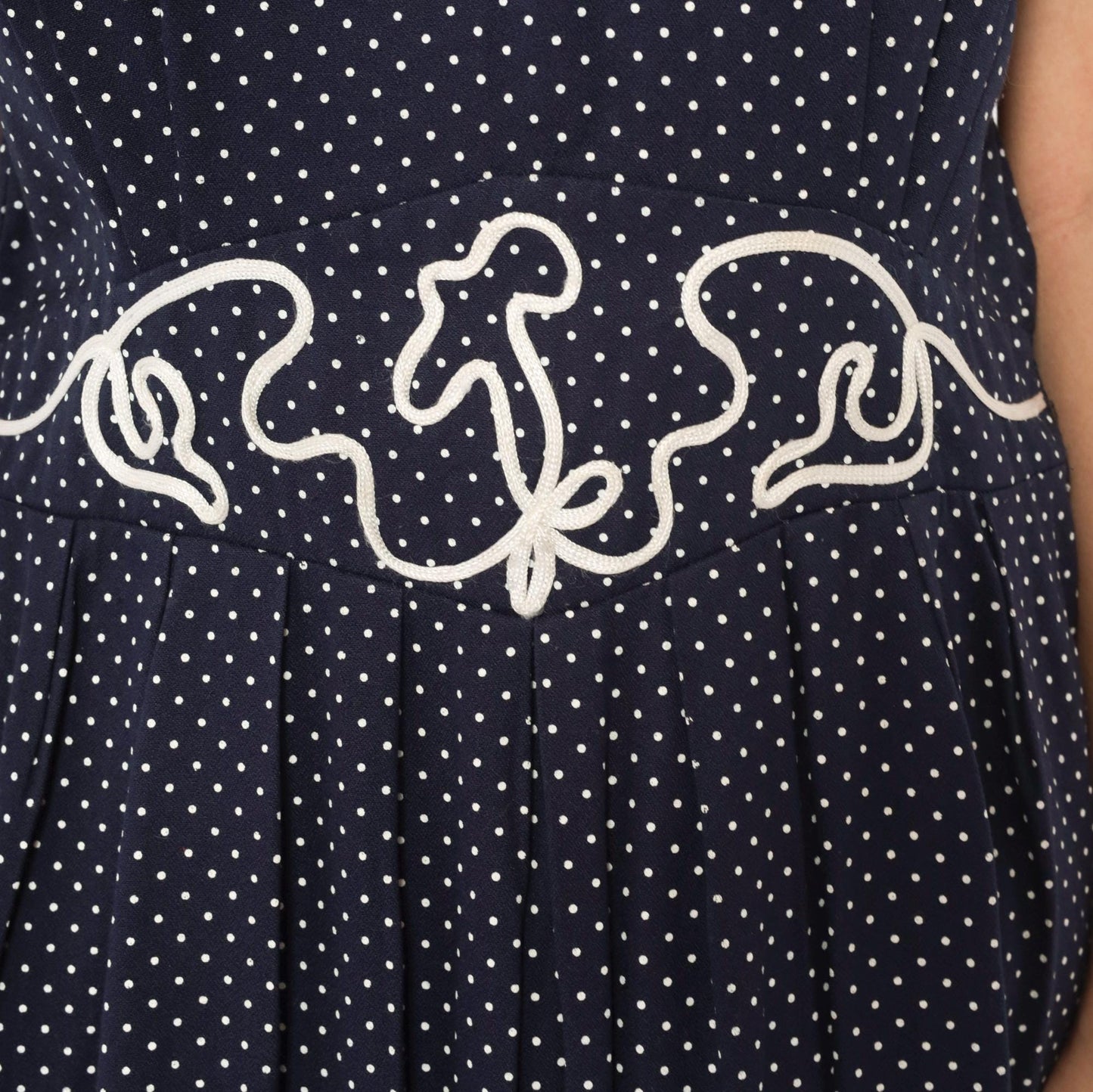 80s Miss Dorby Navy Polka Dot Dress Puff Sleeve Soutache Braid Waist Large L