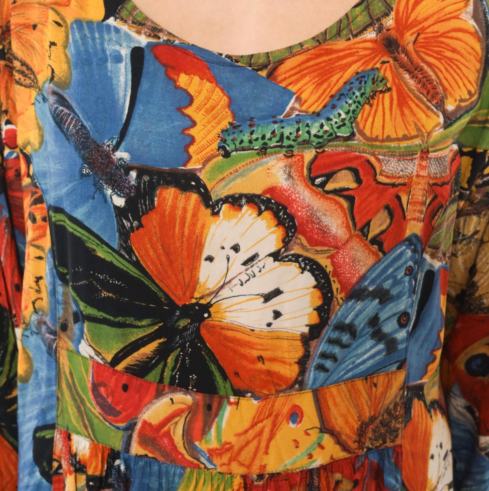 90s We Bebop Butterfly Maxi Dress Empire Waist Long Sleeve Multicolor Extra Large XXL