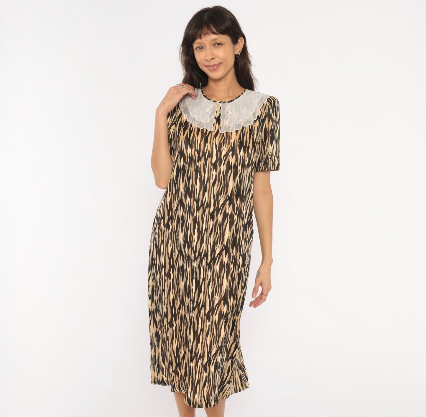 80s Animal Print Shift Dress Peter Pan Collar Tiger Stripe Midi Small