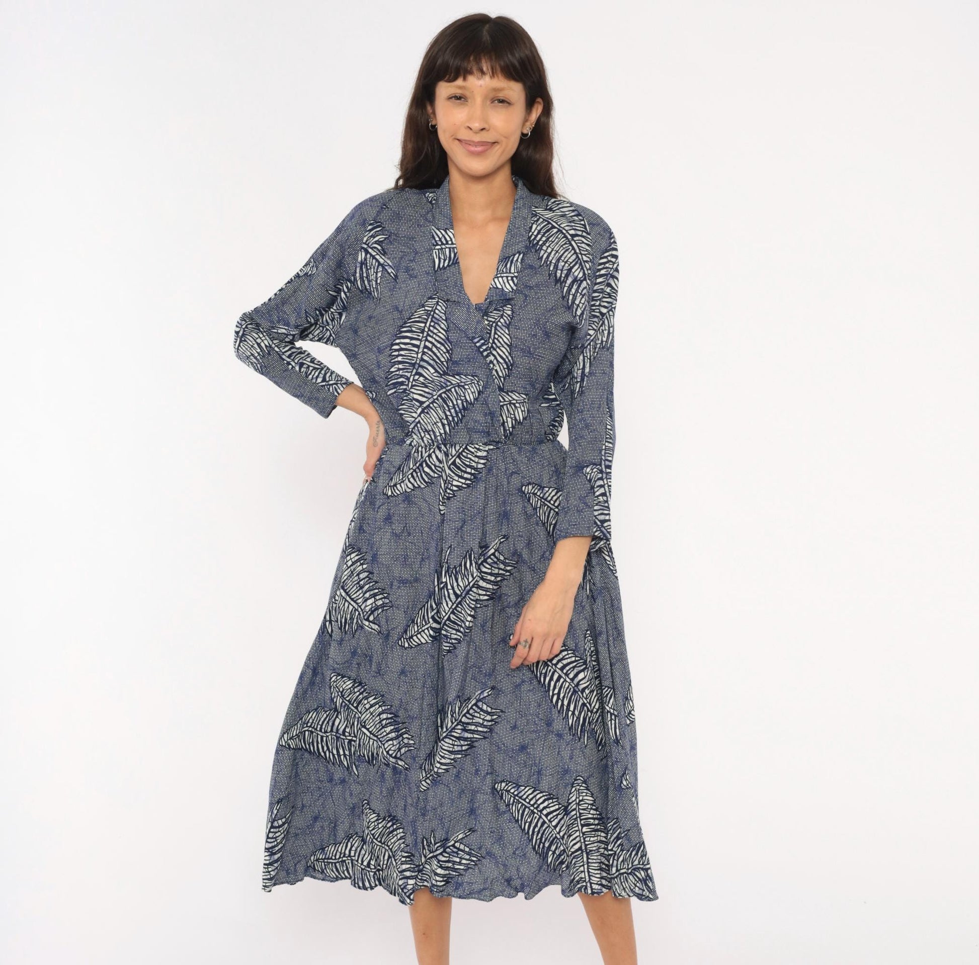 90s Kono Fern Leaf Wrap Dress Cobalt Navy Midi A-Line Small S