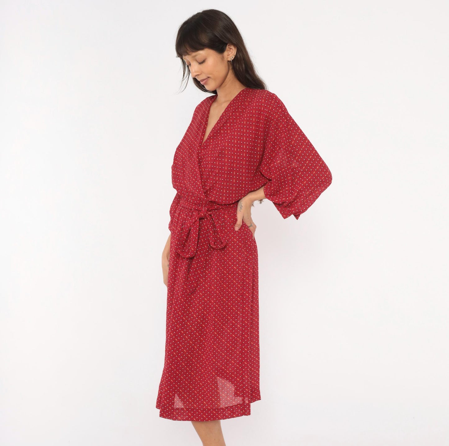 80s Virgo Il Burgundy Wrap Dress Dotted Print Knee-Length V-Neck Extra Large