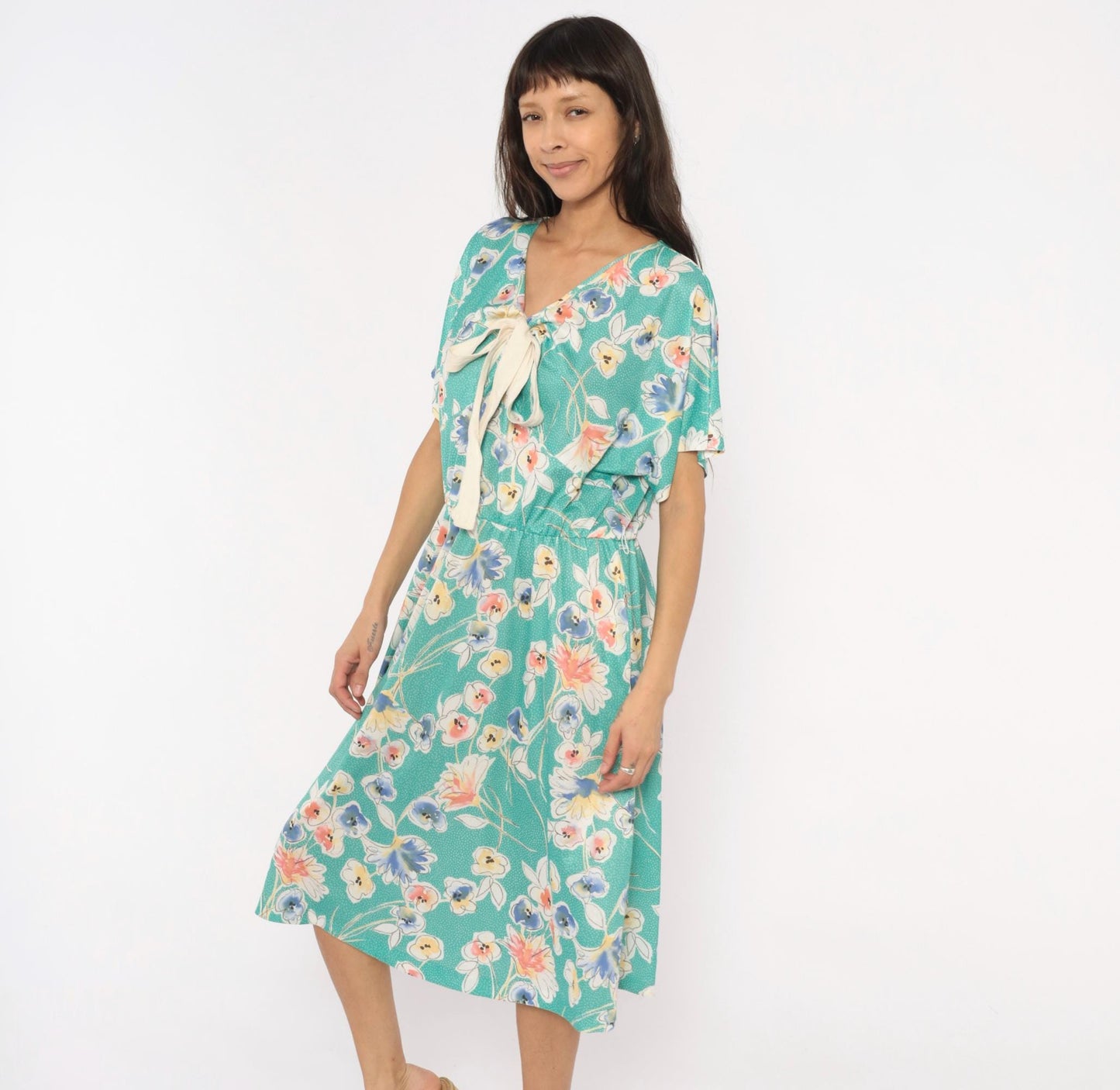 80s Pansy Floral Dress Teal V-Neck Bow Blouson Knee Length Extra Large