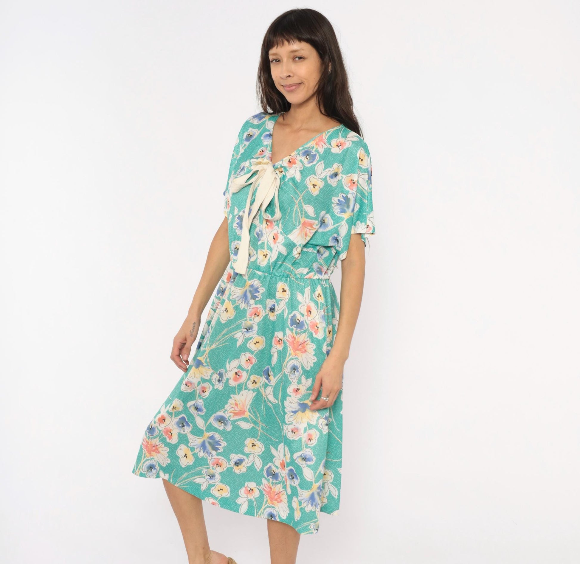80s Pansy Floral Dress Teal V-Neck Bow Blouson Knee Length Extra Large
