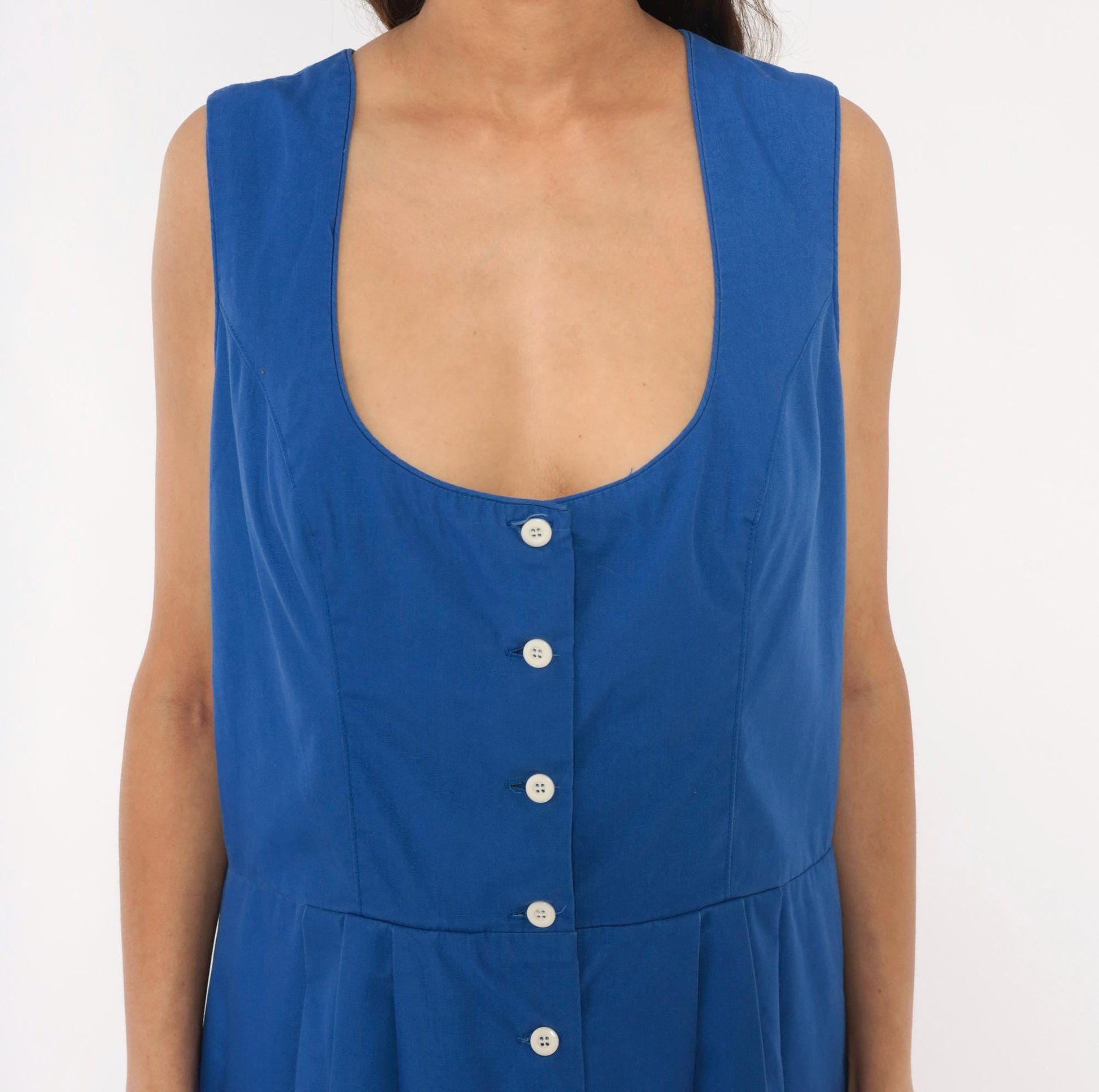 90s Cobalt Blue Button Front Dress Scoop Neck Pleated A-Line Knee Length Large