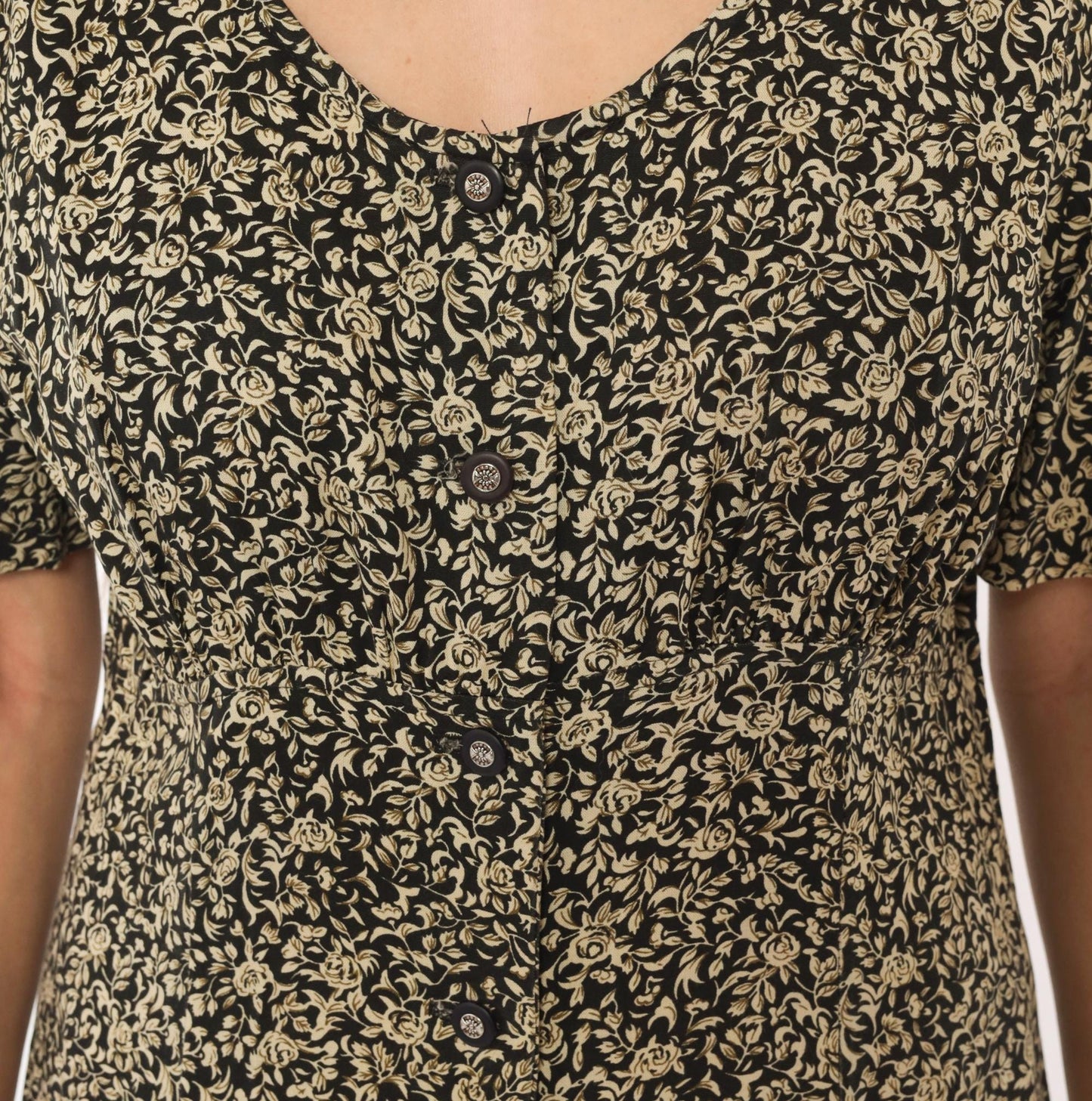 90s All That Jazz Floral Maxi Dress Black Cream Rose Button Front Medium