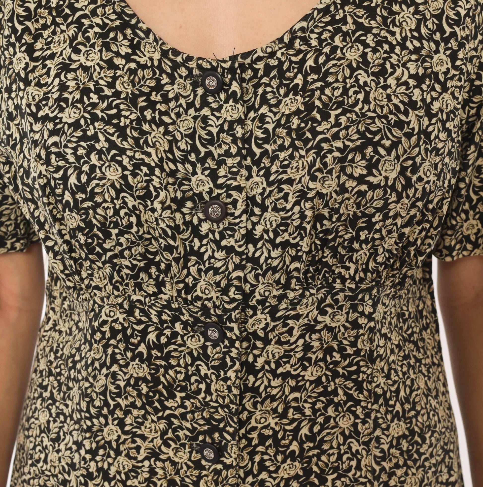 90s All That Jazz Floral Maxi Dress Black Cream Rose Button Front Medium