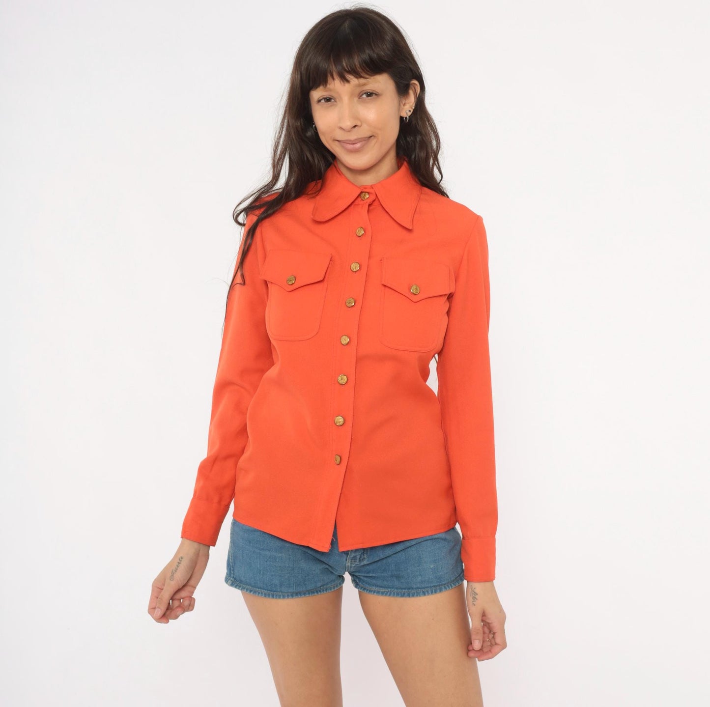 70s Ellen Tracy Orange Button-Up Blouse Gold Accents Western Yoke Small S