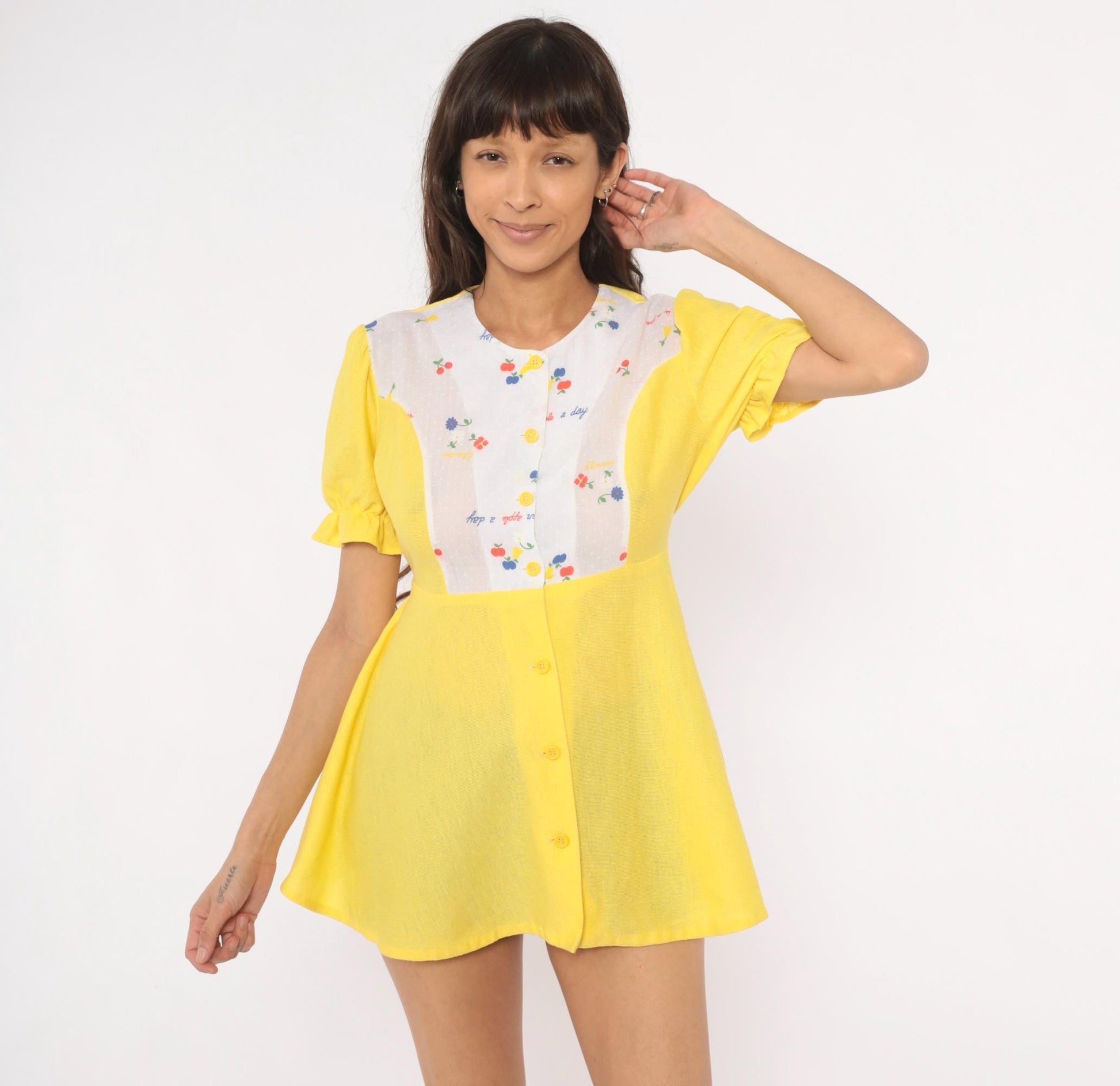 70s Yellow Babydoll Top Puff Sleeve Empire Waist Fruit Print Cotton Blouse Large