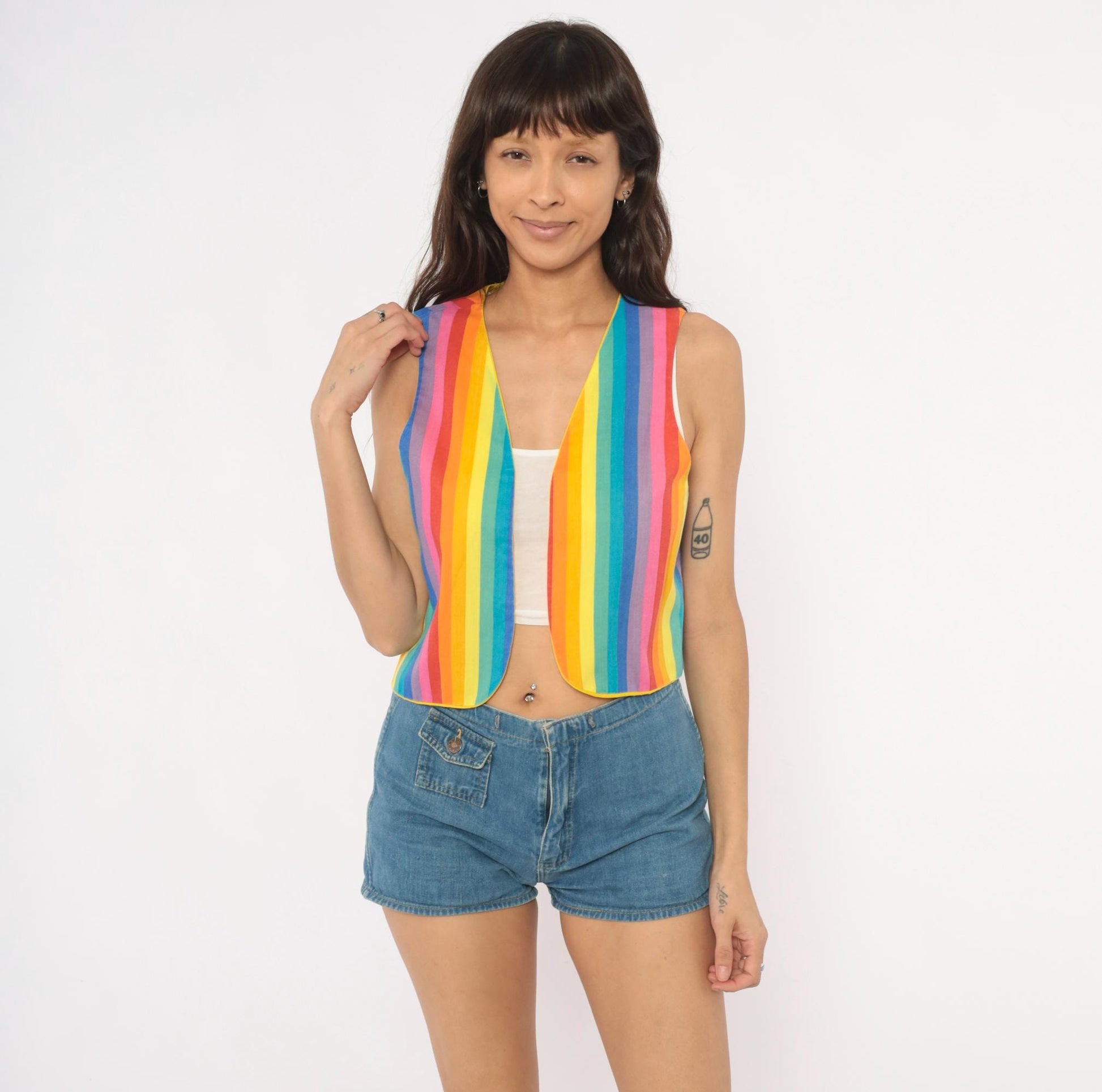 80s Rainbow Stripe Cotton Vest Reversible Yellow Lined Cropped Waistcoat Small