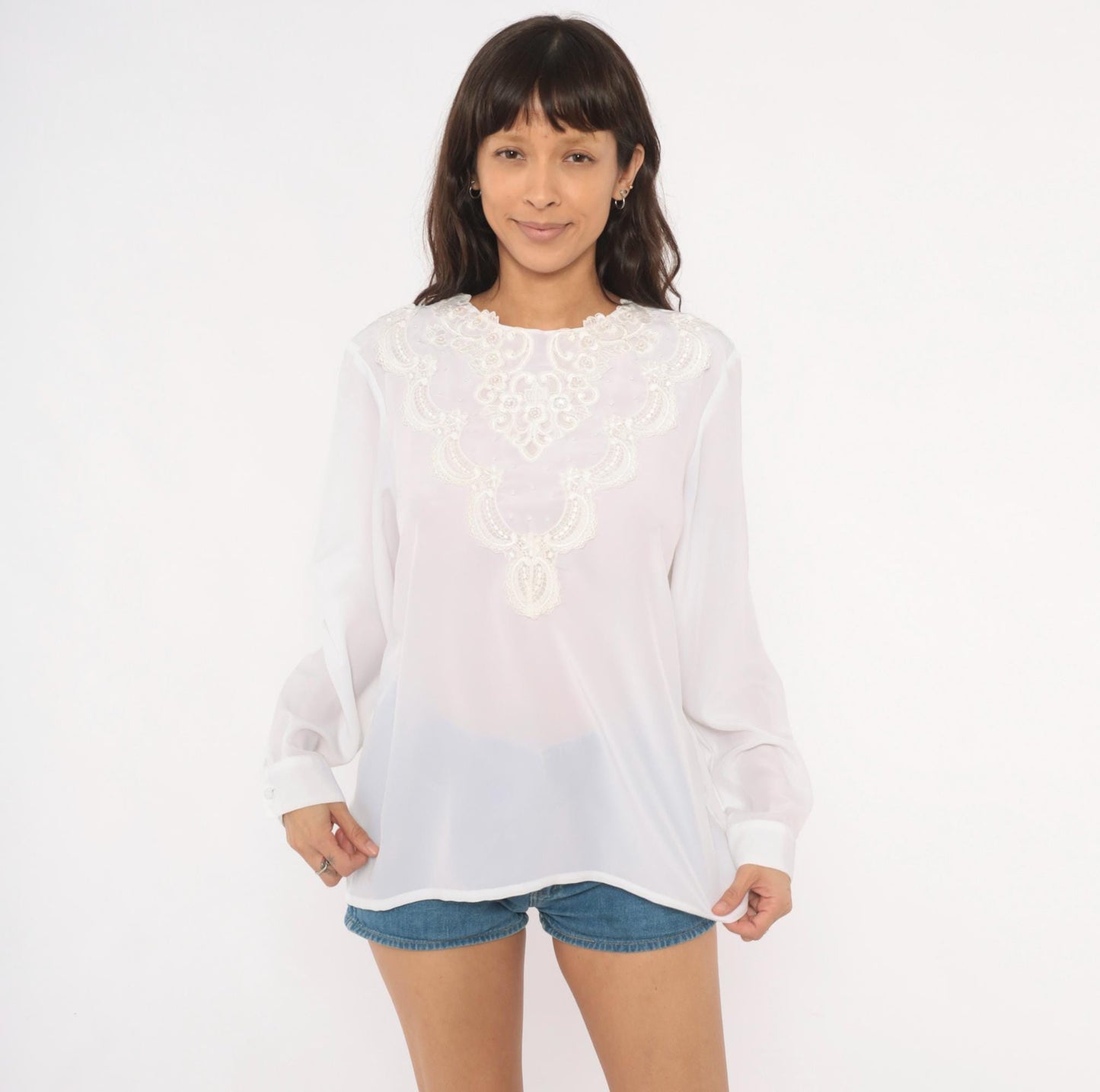80s Kathy Che Beaded Lace Applique Chiffon Blouse White Long Sleeve Large