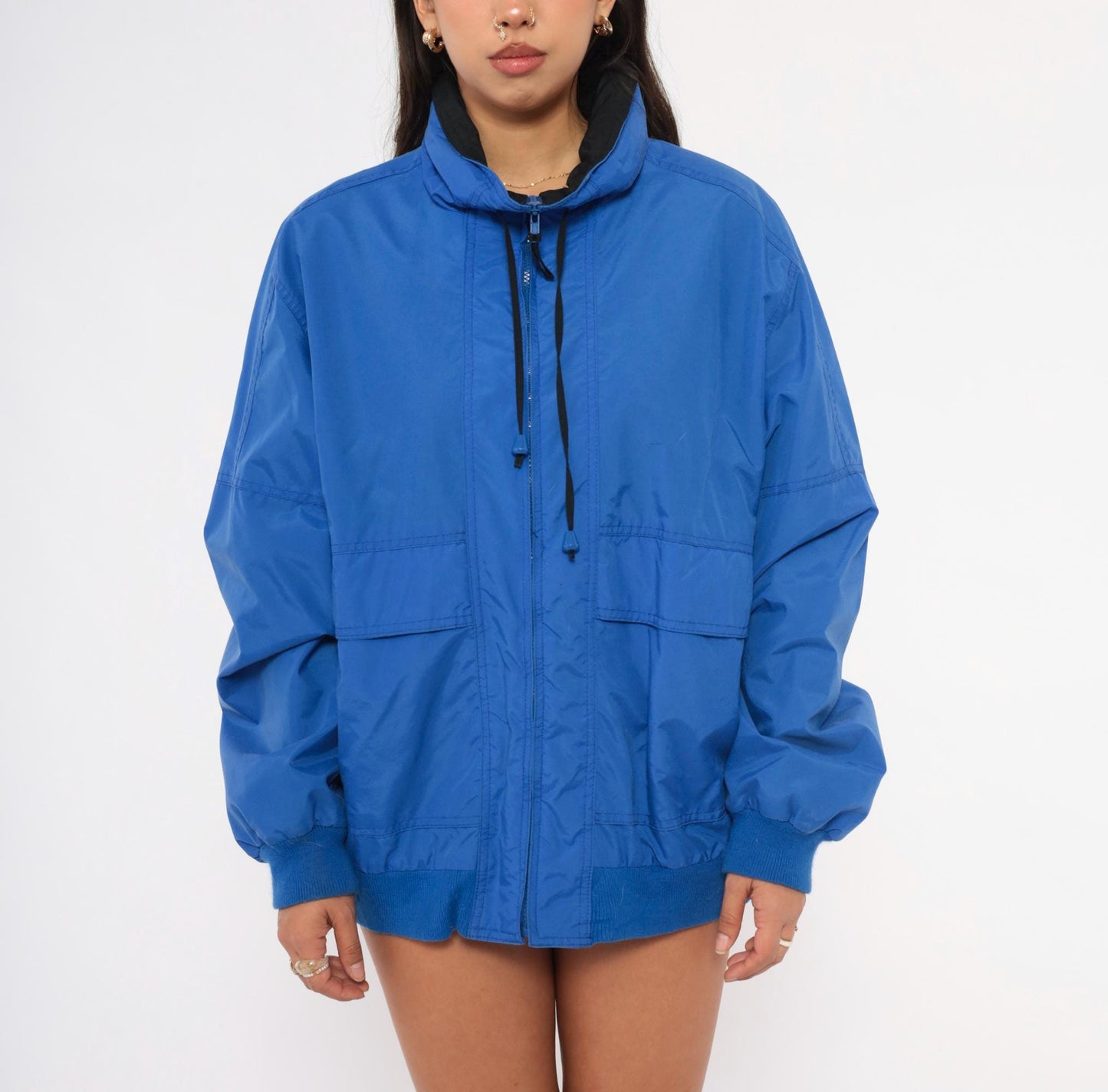 90s North Crest Cobalt Windbreaker Jacket Nylon Zip Front High Collar Large L